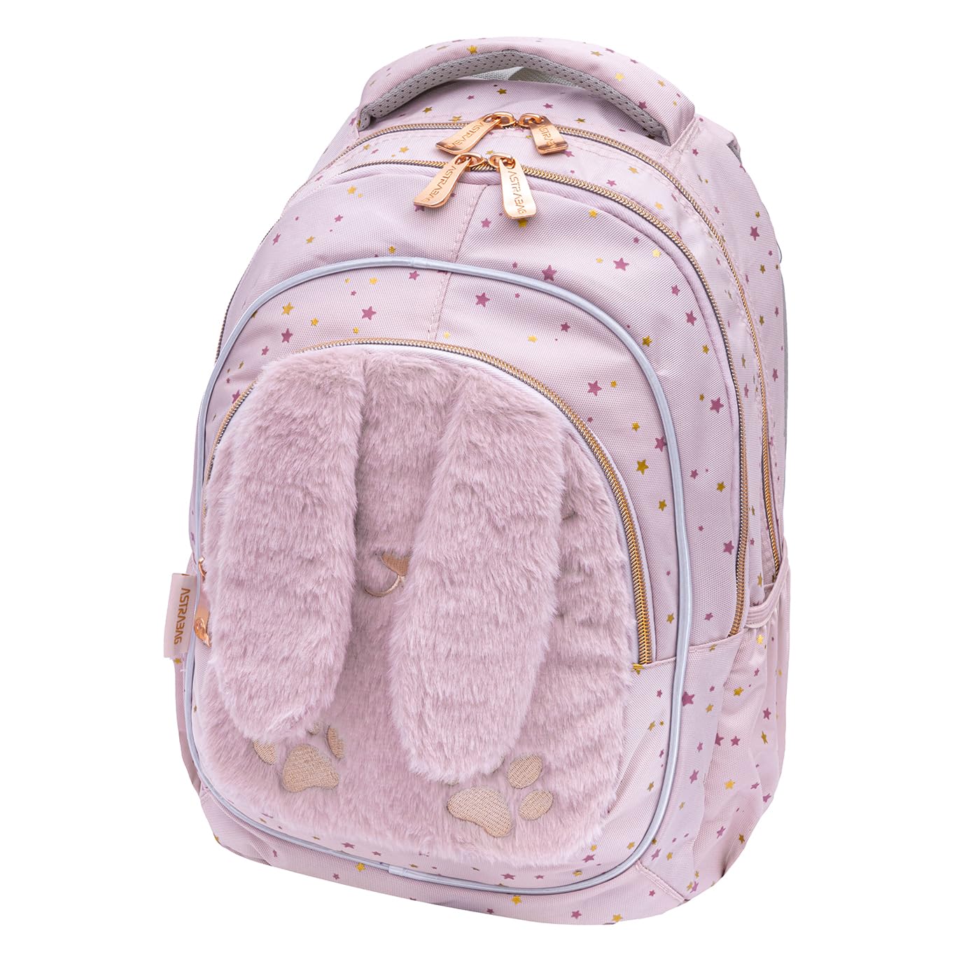 ASTRABAG Plecak Fluffy Bunny, 39x28x15 cm, Złoty/Futrzany, Dla Dziewczynki, Klasa 1-3, Poliester, 20L, Usztywniany, 3 Komory, Szkolny