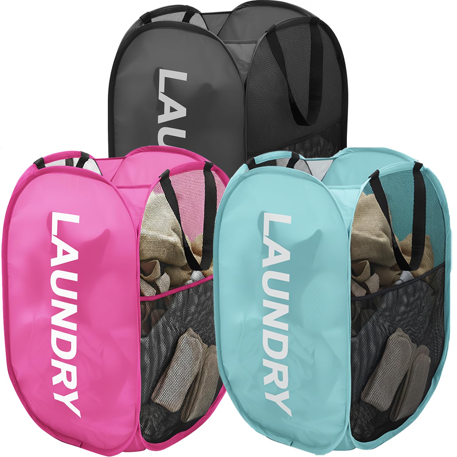 Collapsible Laundry Baskets 3 pack Mesh Pop Up Laundry Hamper with Handles,Foldable Clothes Basket for Bathroom, Bedroom, Dorm, Travel