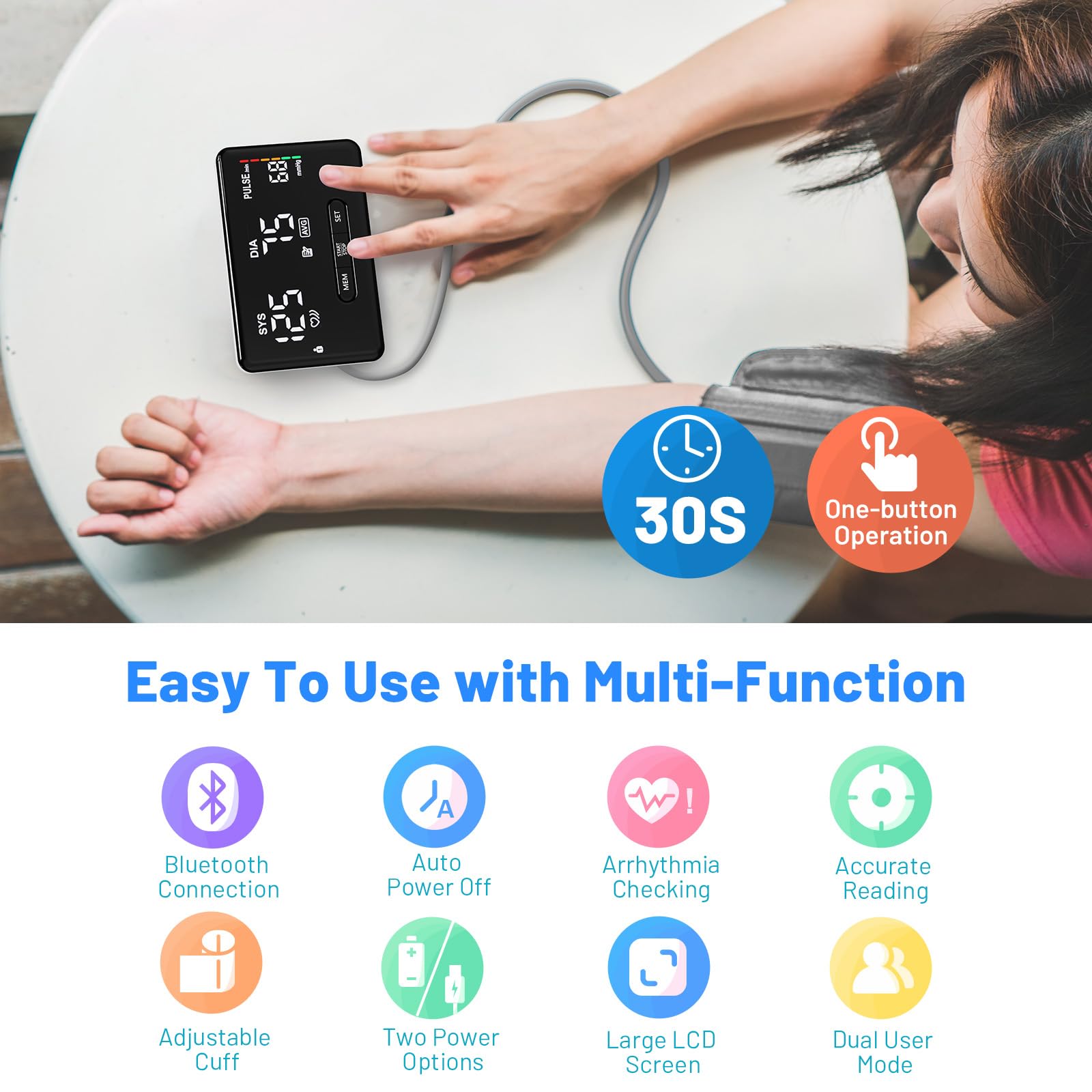 Smart Blood Pressure Monitor for Home Use, Bluetooth Upper Arm BP Machine with Large Cuff 8.66-16.54”, Accurate Digital Monitors 2x199 Readout, 6.89 inch Backlit LED Screen, Work with APP