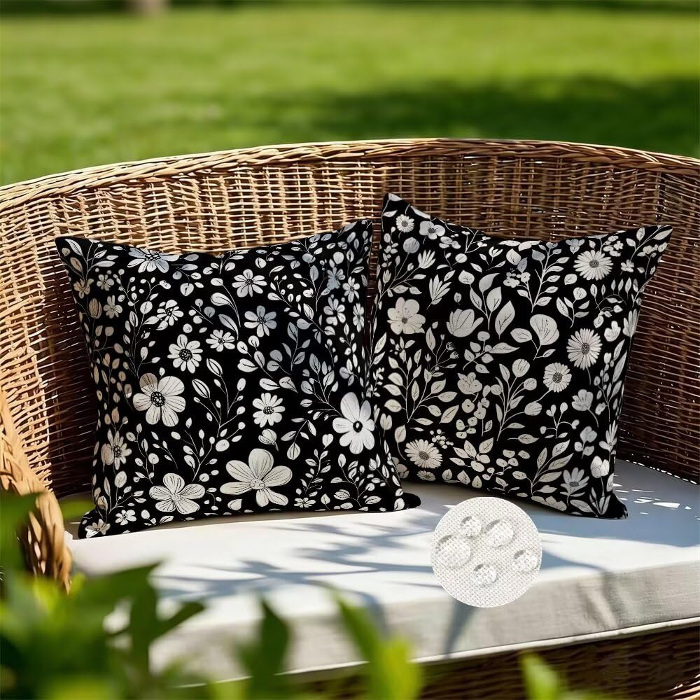 Federe Cuscini da Esterno Impermeabili 65x65 Bianco e Nero Copri Cuscini per Divano Floreale Federa Cuscino Primavera Decorativi Copricuscini per Divano Giardino Patio Soggiorno Set di 2 (IU197)