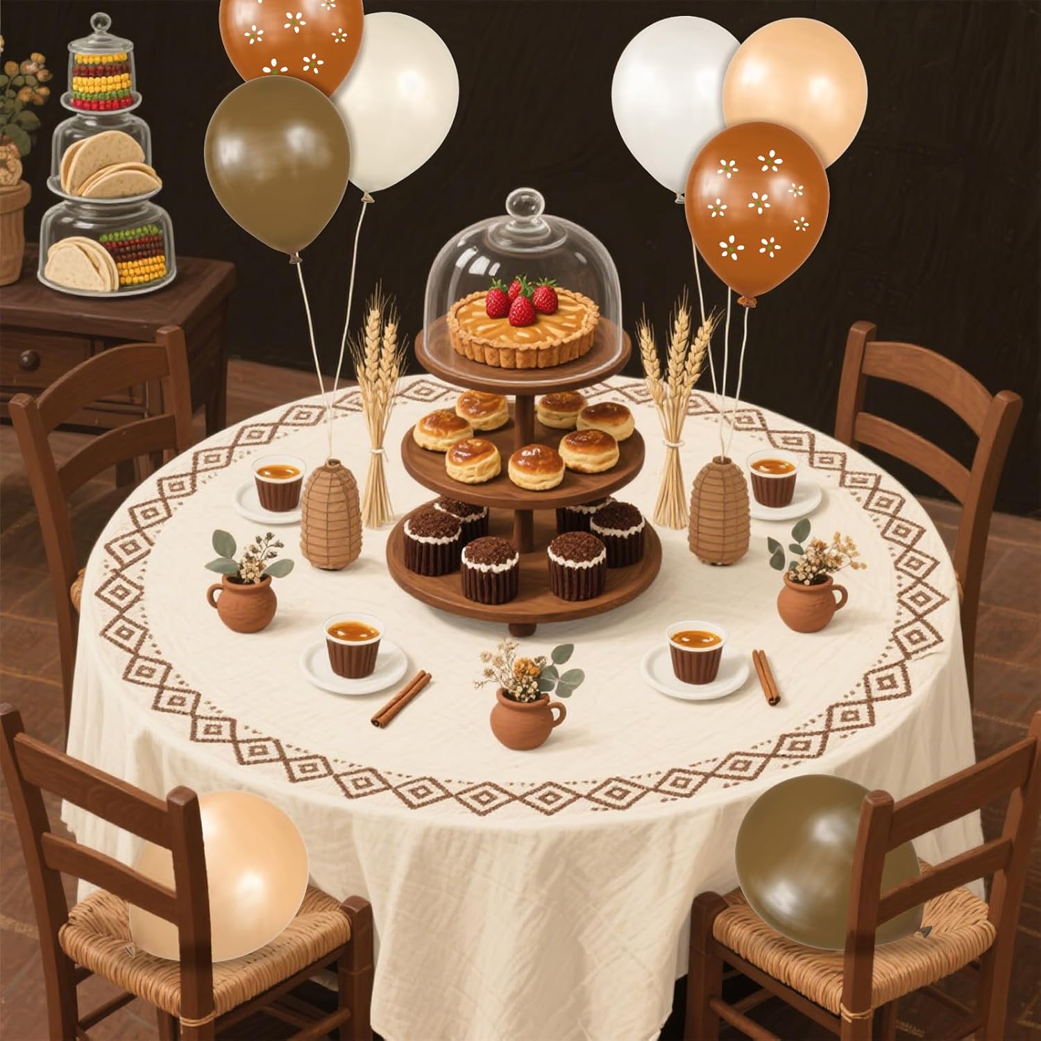 Whaline 60Pcs Cielito Lindo Balloons Platos De Barro Fiesta Latex Balloon Terracotta Brown Nude Beige Balloon with Petal Print for Mexican Wedding Birthday Party Decor, 12 Inch
