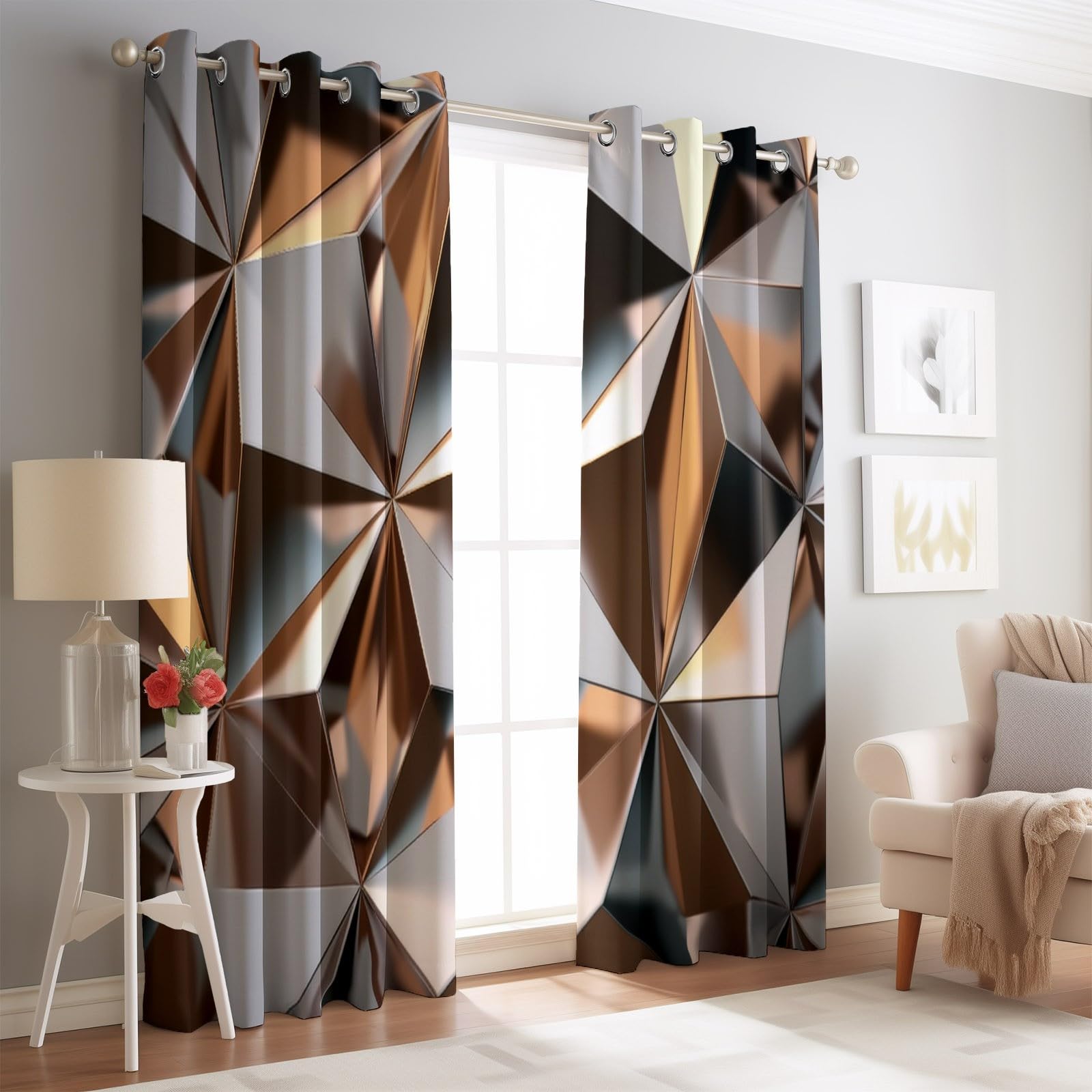 Rideaux Occultants Isolants Anti-Froid 91.5L X 160H cm (2 Panneaux), Design Luxe Moderne Géométrique, Tenture à Œillets Opaque pour Salon et Chambre, Argent Marron