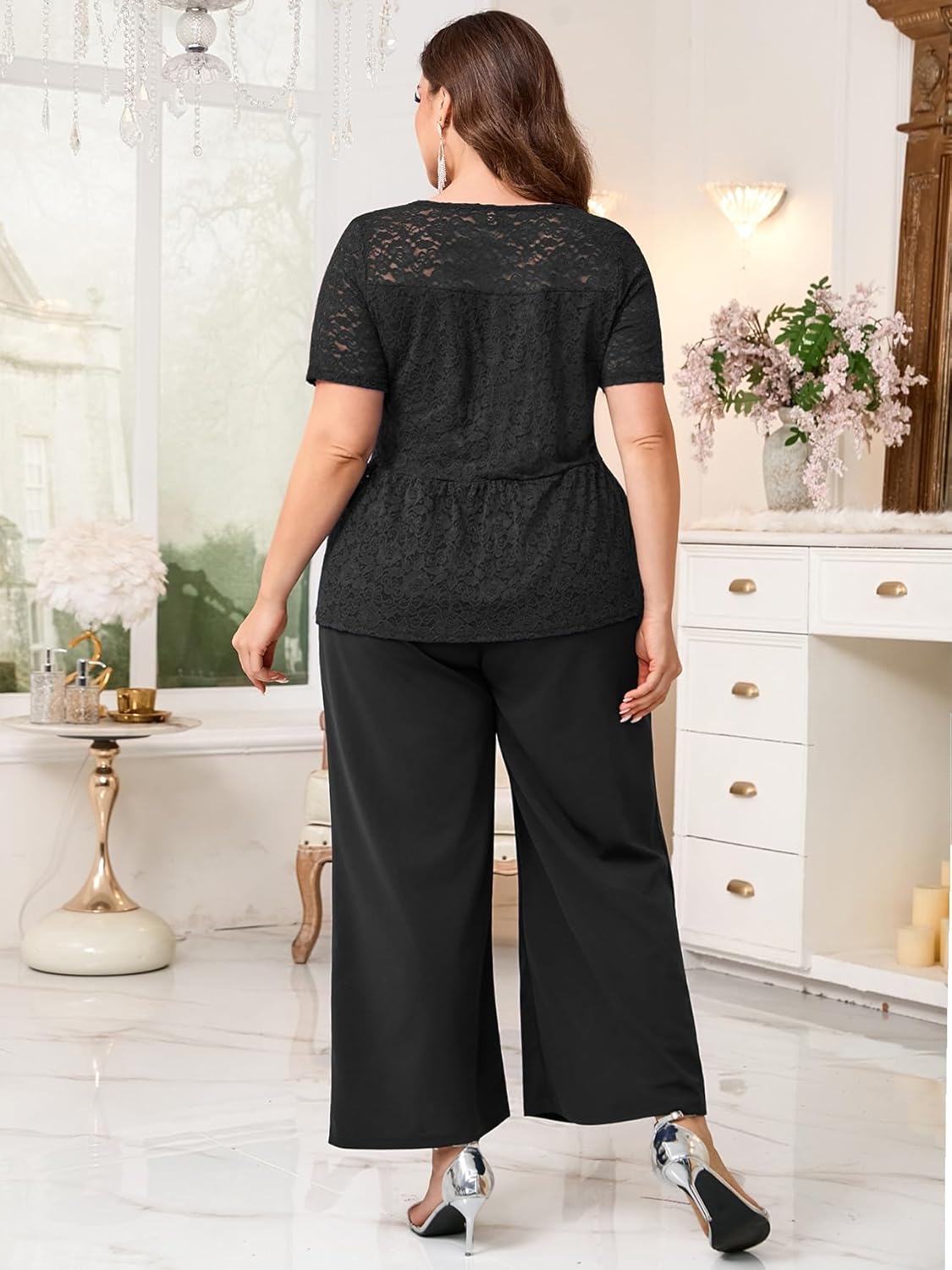ZOMVA 0X-4X Plus Size Mother of Bride Groom Pant Suits Elegant Lace Short Sleeve Pantsuits 2 Piece Sets Formal Wedding Guest