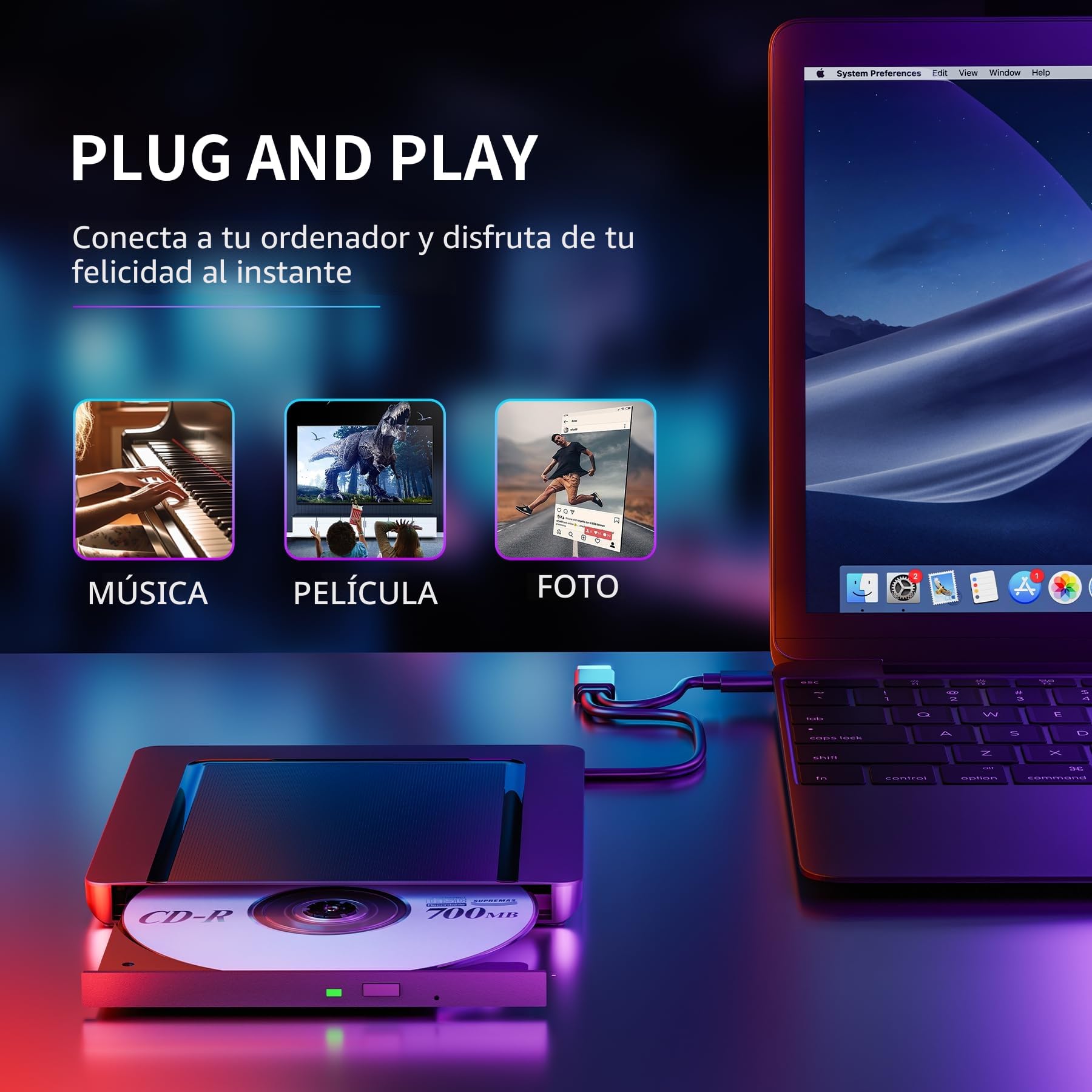 Unidad Externa de CD DVD CD/DVD Externa USB 3.0 y USB-C, grabadora de CD DVD +/-RW ROM Optical External DVD Drive para Ordenador portátil, PC, Escritorio, MacBook, Windows 11/10/8/7/XP/Linux/MacOS