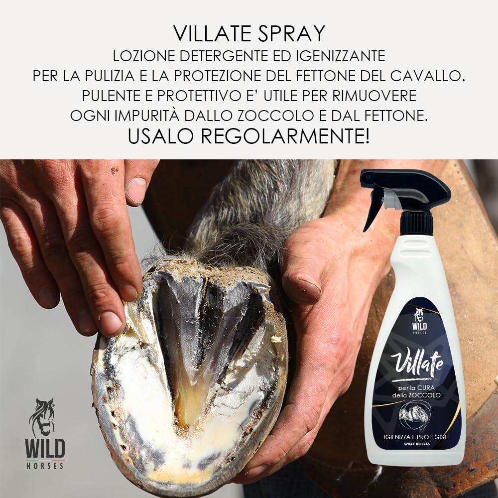 Wild Horses | Villate Spray, Lozione Detergente ed Igenizzante per la Pulizia e la Protezione del Fettone, Prodotto Pulente e Protettivo, Rimuove Impurità dallo Zoccolo, 500ml