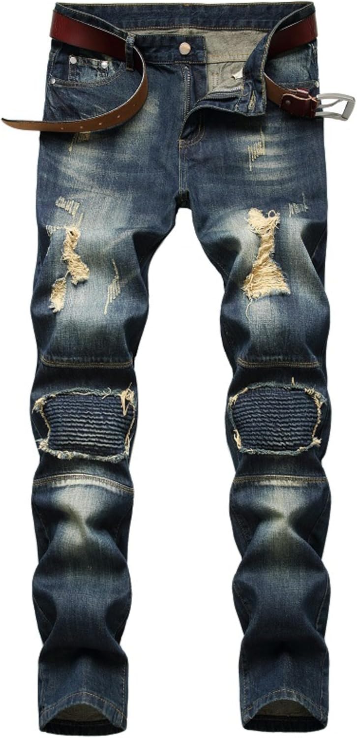Men's Classic Biker Regular Fit Flex Jean Washed Slim Fit Straight Jeans Patchwork Comfort Skinny Biker Denim Pants