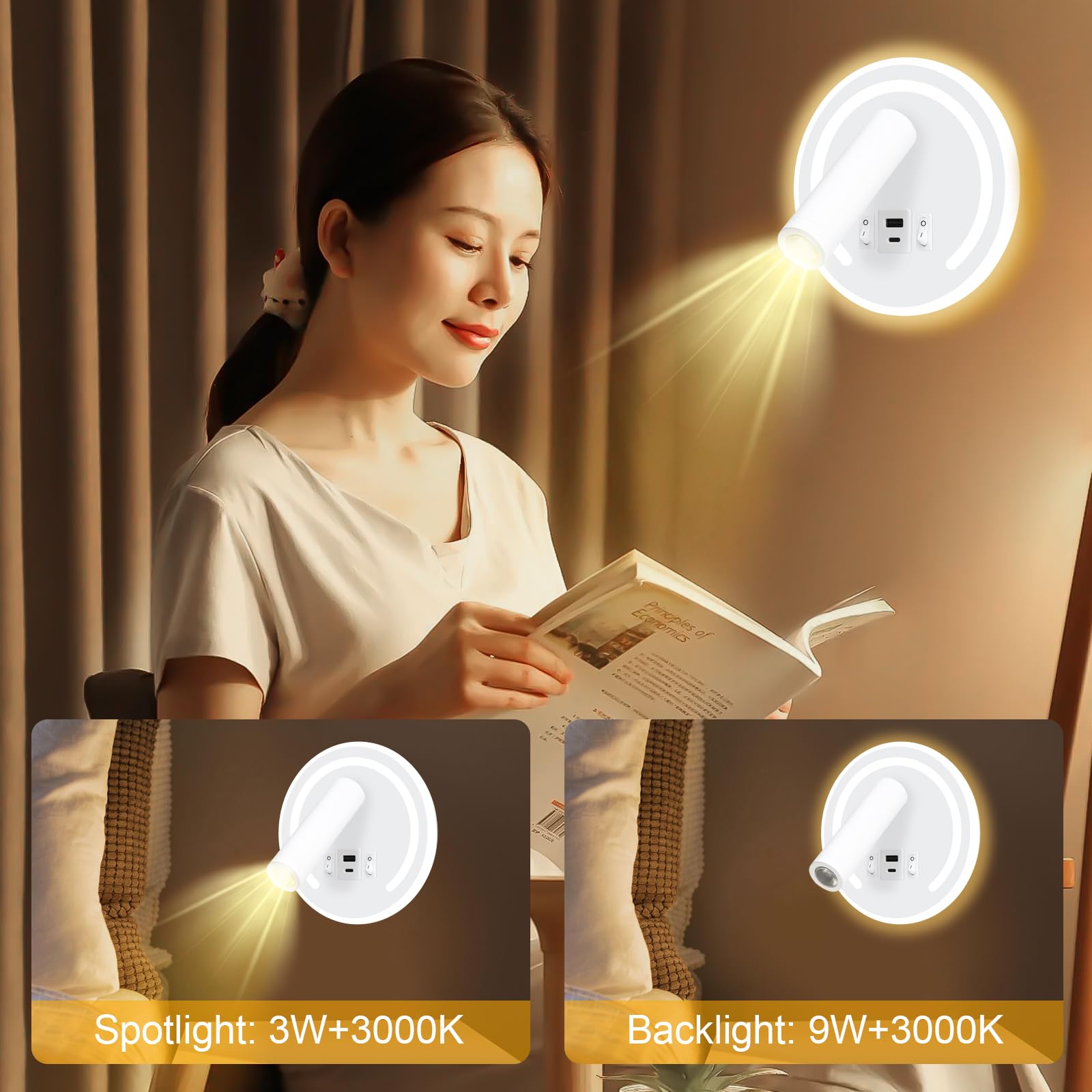 HUIZHOU Reading Wall Mounted 3W+9W LED Reading Lamp,USB Charging Port,3000K Rotating Bedside Lamp Suitable for Bedroom Stairs - Image 2