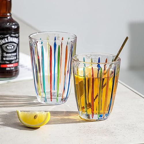 Miniatura 8 de G Vasos de whisky de vidrio pintados a mano, 7.4 onzas de vidrio de estilo antiguo con patrones de tiras multicolores, vasos para beber de colores