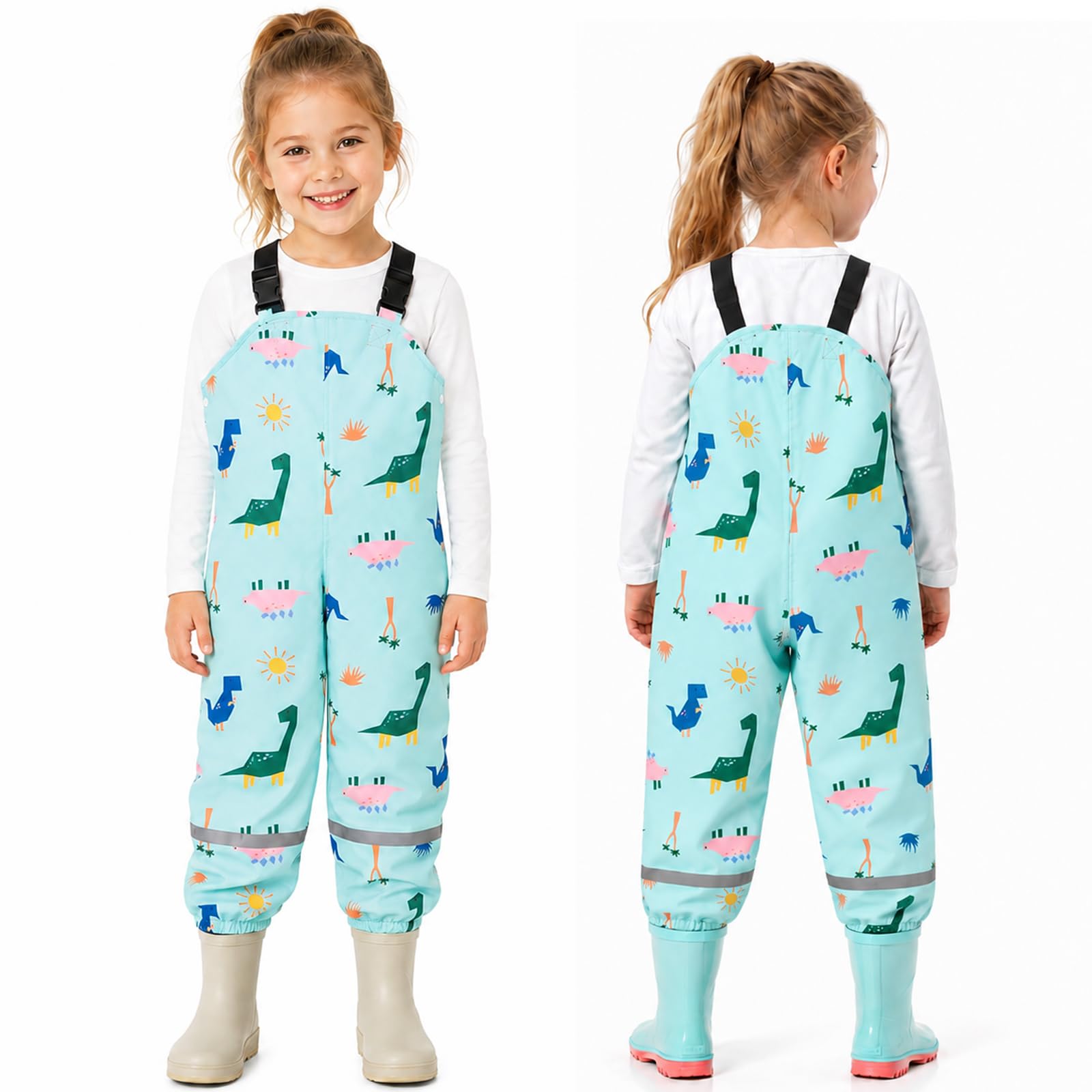 Toddlers Waterproof Rain Bib Pants, Boys Girls Rain Pants Kids Cartoon Rain Trousers Lightweight Mud Pants Rainwear