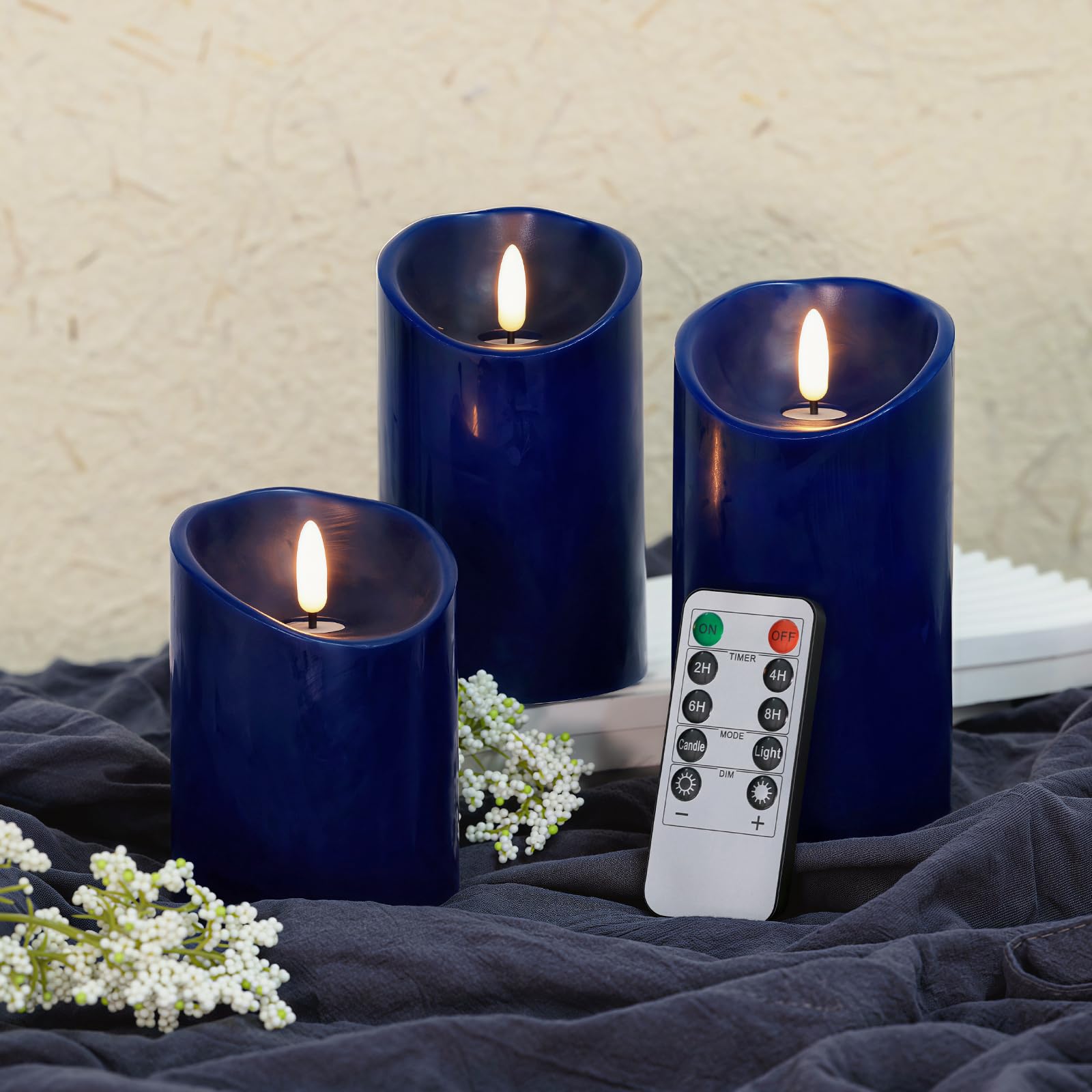 SNUGBLAKI Blue Flameless Candles with Remote Timer, Real Wax LED Candles Flickering, 3D Wick Fake Candles Candles Battery Operated for Home Living Room Wedding Party Gifts, Navy Blue Decor, Set of 3 โ image 1