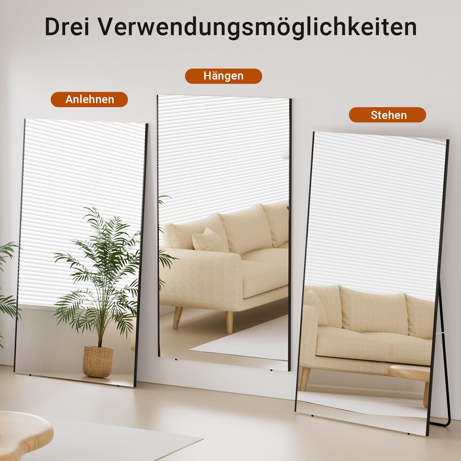 brisafe Groß Ganzkörperspiegel 180x100 cm, Großer Bruchsicherer Standspiegel, Leichter Glasloser Bodenspiegel freistehend hängend oder lehnend für Schlafzimmer, Wohnzimmer & Home Gym, Schwarz