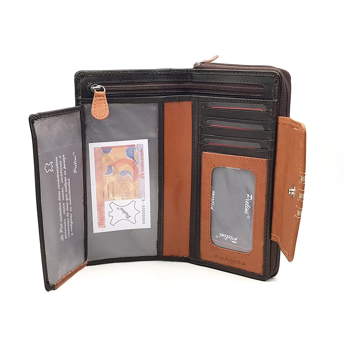 Pielini - Cartera Grande de Piel para Mujer con Billetera y Amplio Monedero. Tarjetero de Gran Capacidad Modelo 3191 (Marrón)