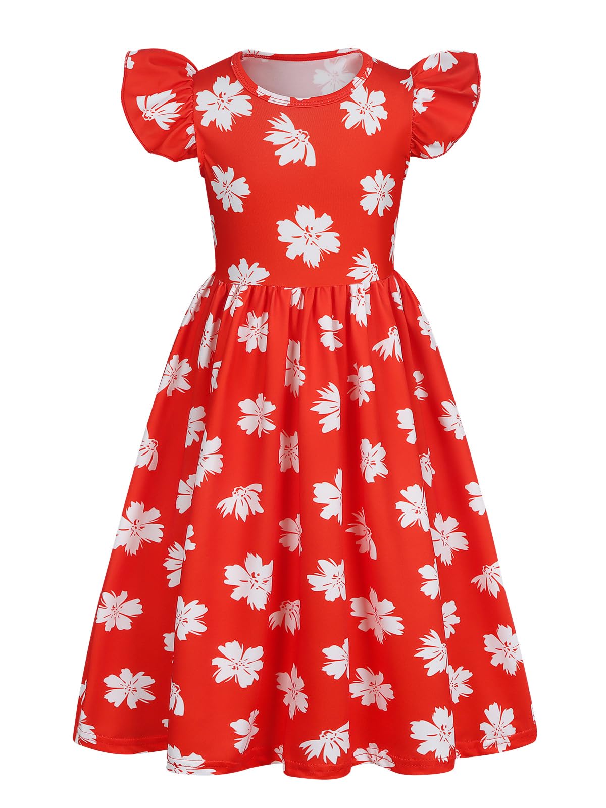Jurebecia Hawaiian Dresses for Kids Girls Princess Costume Red Flutter Sleeve Hibiscus Flower Print Dress Halloween Christmas 7-8 Years