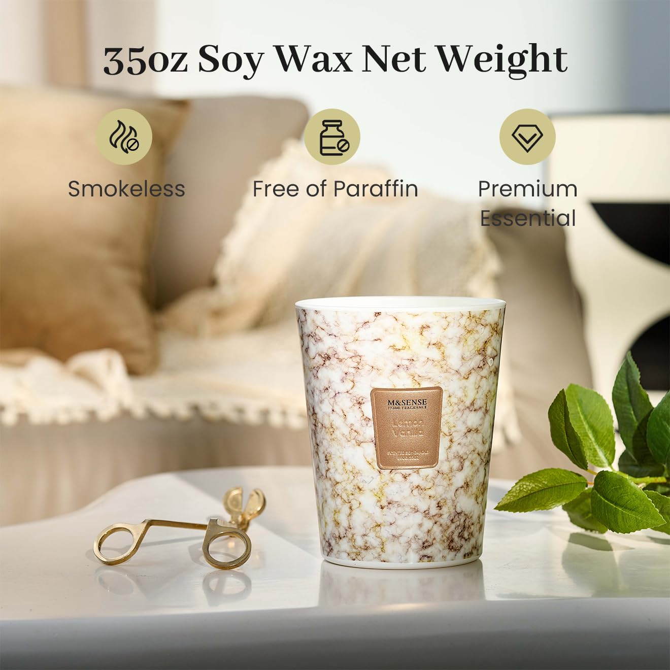 M&SENSE 990 g Vela aromática grande | Velas perfumadas de limón y vainilla en tarro | Velas naturales de cera de soja | Regalo para mujeres y hombres, Navidad|150 h de combustión y 3 mechas, Home