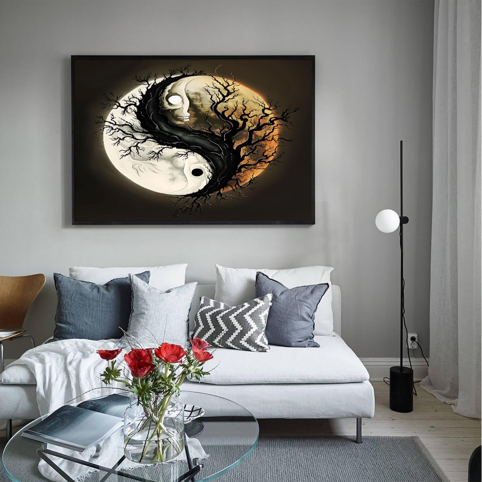Via Vela Thème Halloween impression sur toile art mural rétro Yin Yang thème arbre mort crâne fantôme modèle affiche peinture image œuvre d’art pour bar décor intérieure 66x102cm avec-cadre-noir