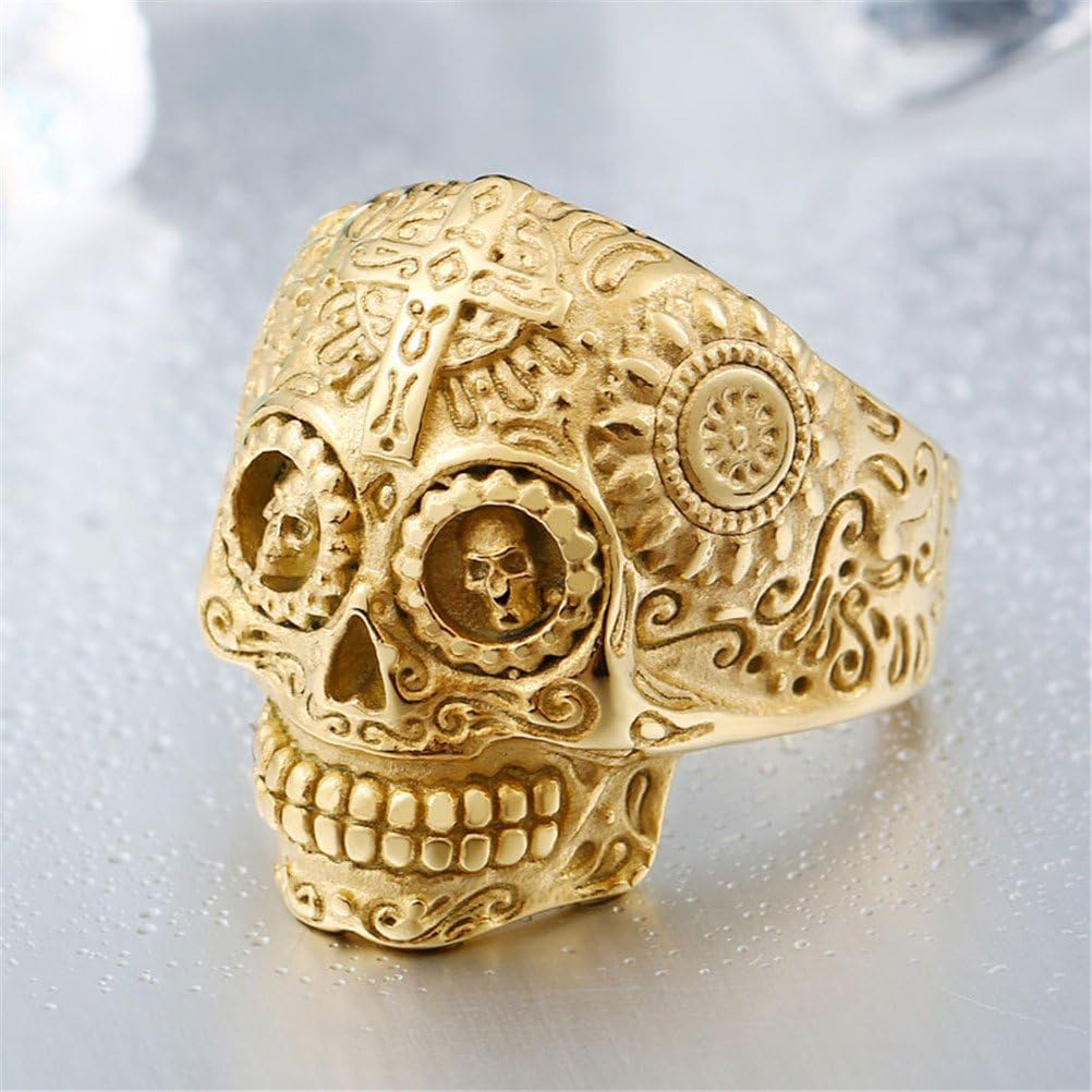 Men's Stainless Steel Silver Gold Gothic Cross Skull Ring Green Eye Vintage Flower Carved Halloween - Image 3