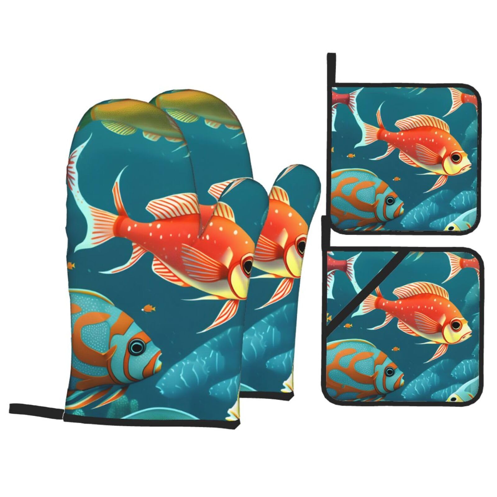 Ocean Underwater Fish Print 4-Piece Oven Microwaving Set Kitchen Gloves for Holiday Cooking Baking Grilling