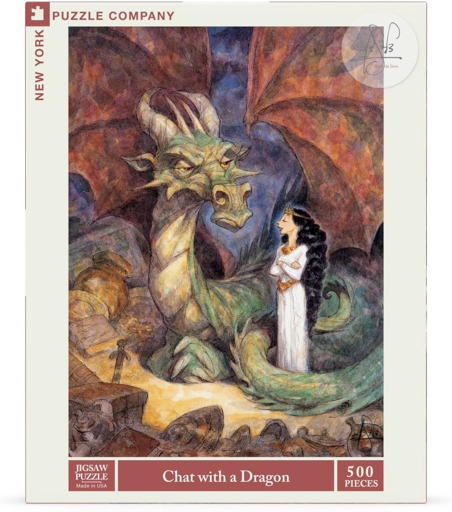 New York Puzzle Company - Peter de Sève Chat with a Dragon - 500 Piece Jigsaw Puzzle for Family Game Nights by Peter de Sève