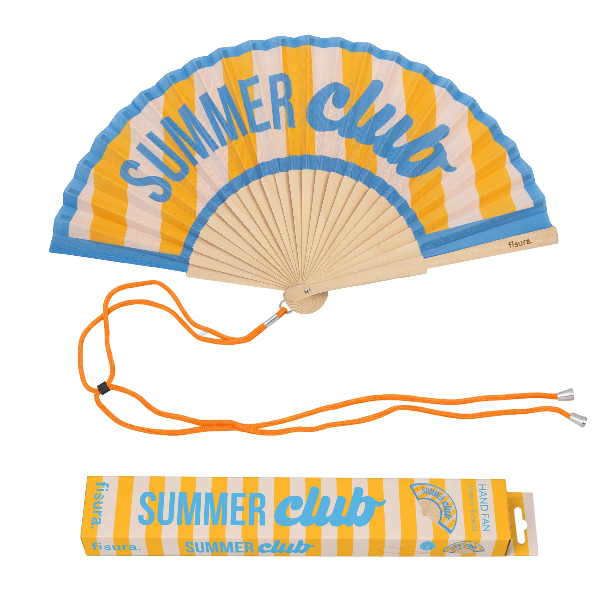 Fisura – Original “Summer Club” Message Folding Fan, Modern and Colourful Folding Handheld Fan, Blue & Yellow Design for Wedding, Rave, Festival -Includes Strap. Size: 42.5 x 23 cm