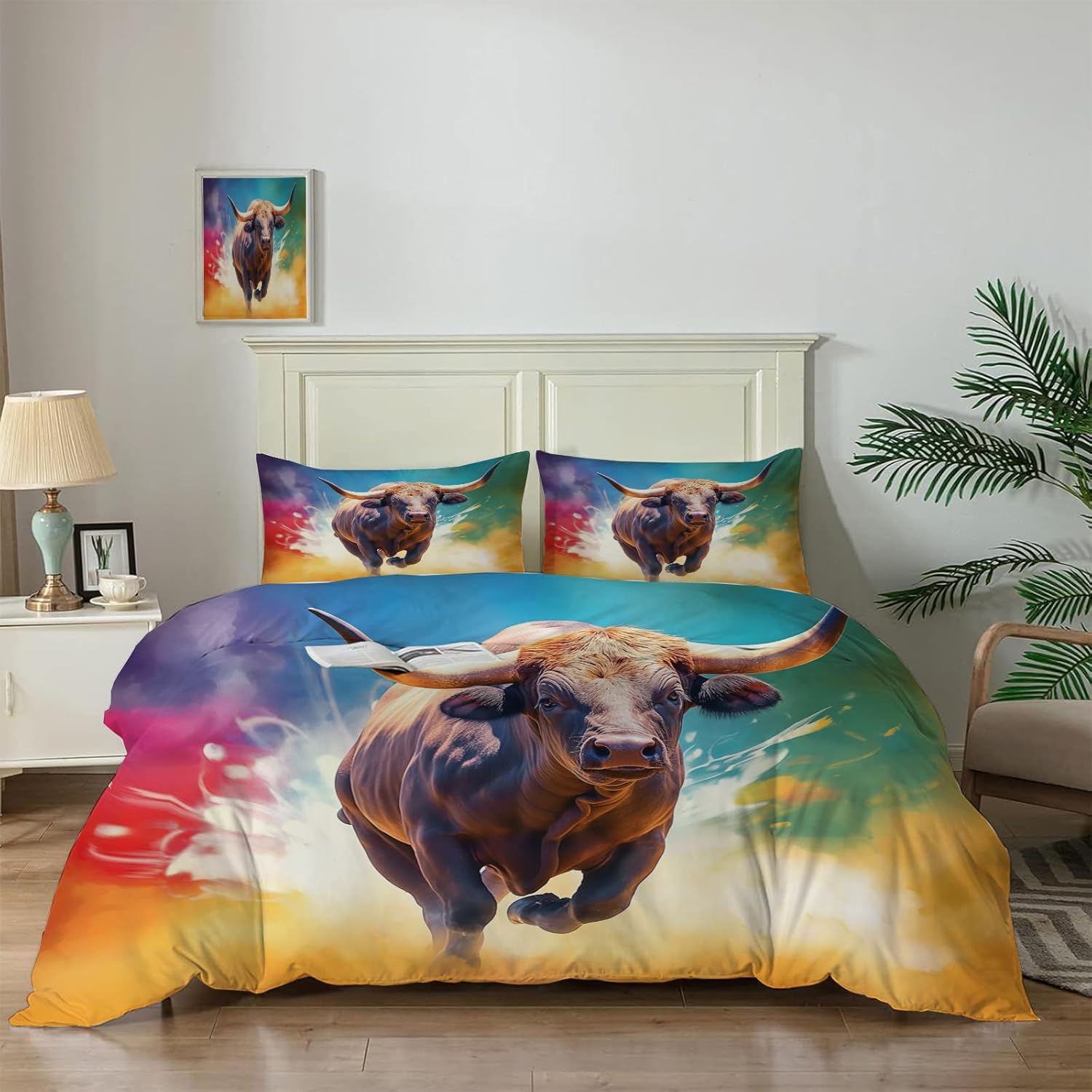 Cartoon Bedding Set Color Animal Taurus Pattern Duvet Cover for Women Girls Cute Lightweight 3 Pieces Duvet Cover Sets with 2 Pillowcases,Taurus Pattern, Reversible Bedding Set Twin Size