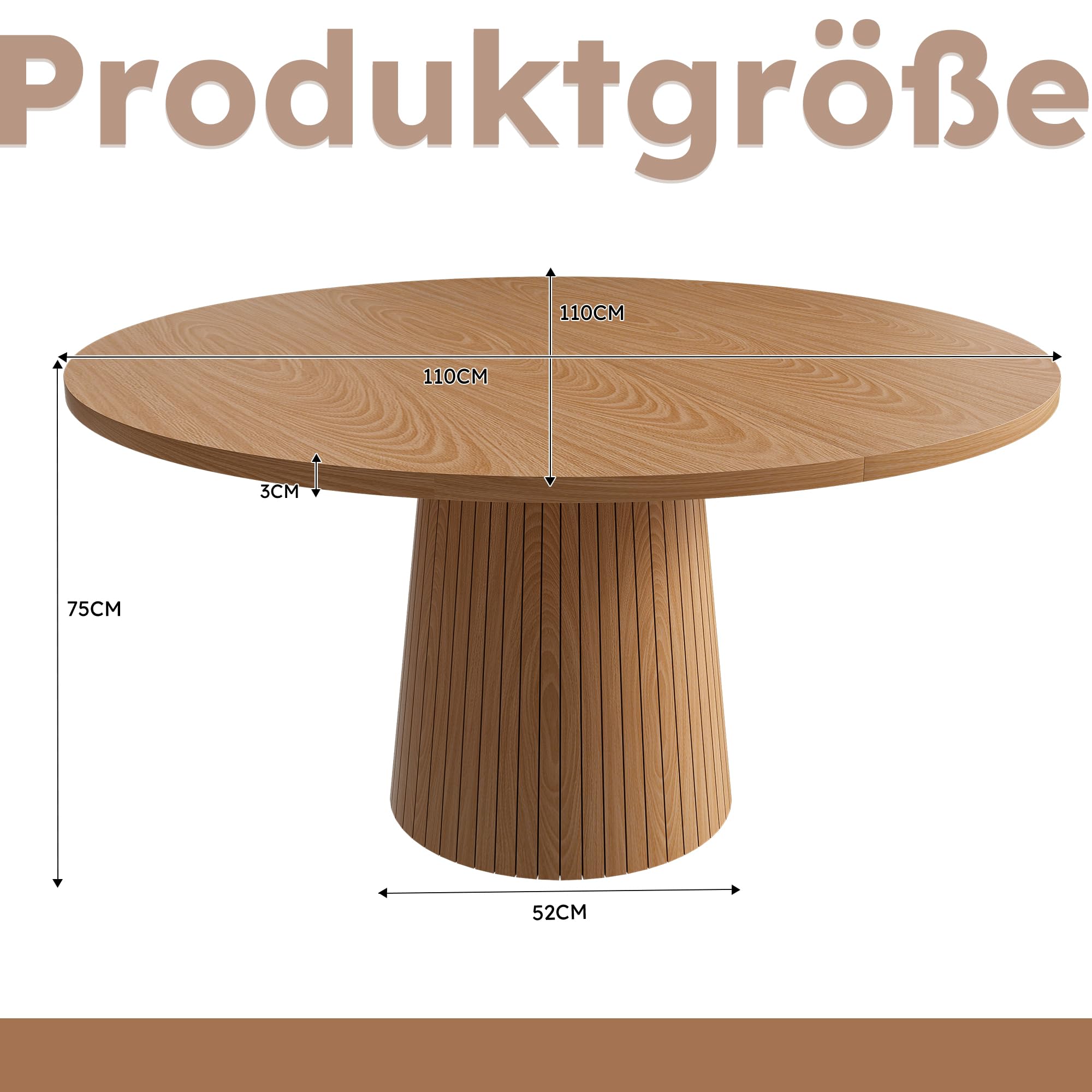 Tavolo da cucina rotondo, 110 cm, stile rustico, piano in MDF con impiallacciatura in rovere a due semicerchi, base cilindrica con telaio interno in metallo, per cucina e sala da pranzo