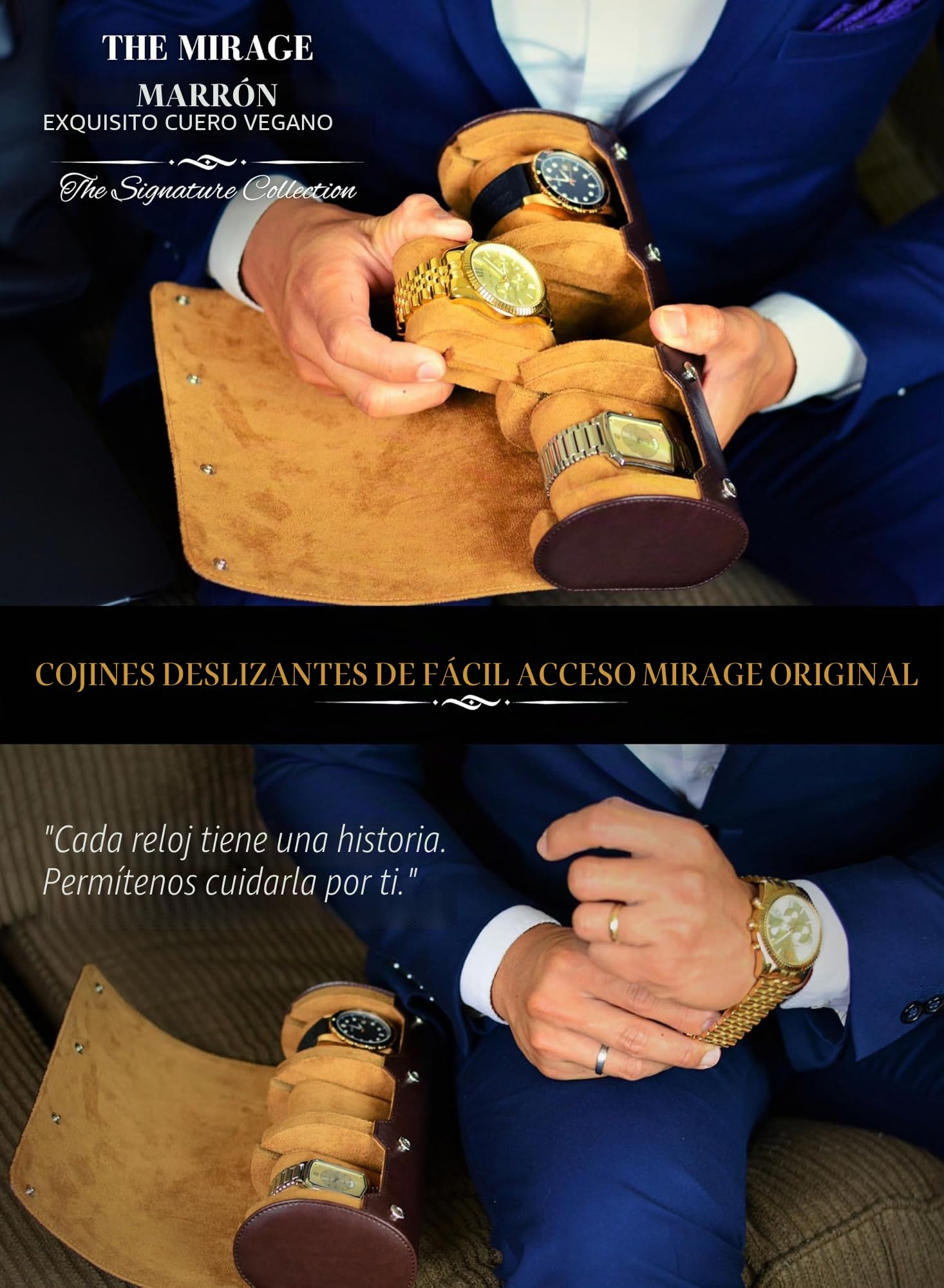 Estuche de viaje para relojes de hombre, enrollable, organizador y expositor, piel vegana marrón (Swiss Espresso).