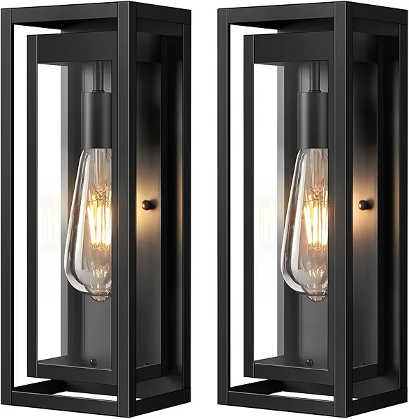 Slypadan 15" Large Outdoor Wall Lights, 2 Pack Matte Black Outdoor Sconces, Modern Waterproof Exterior Lighting Fixtures with Clear Glass Shade for Front Door, Porch, Garage