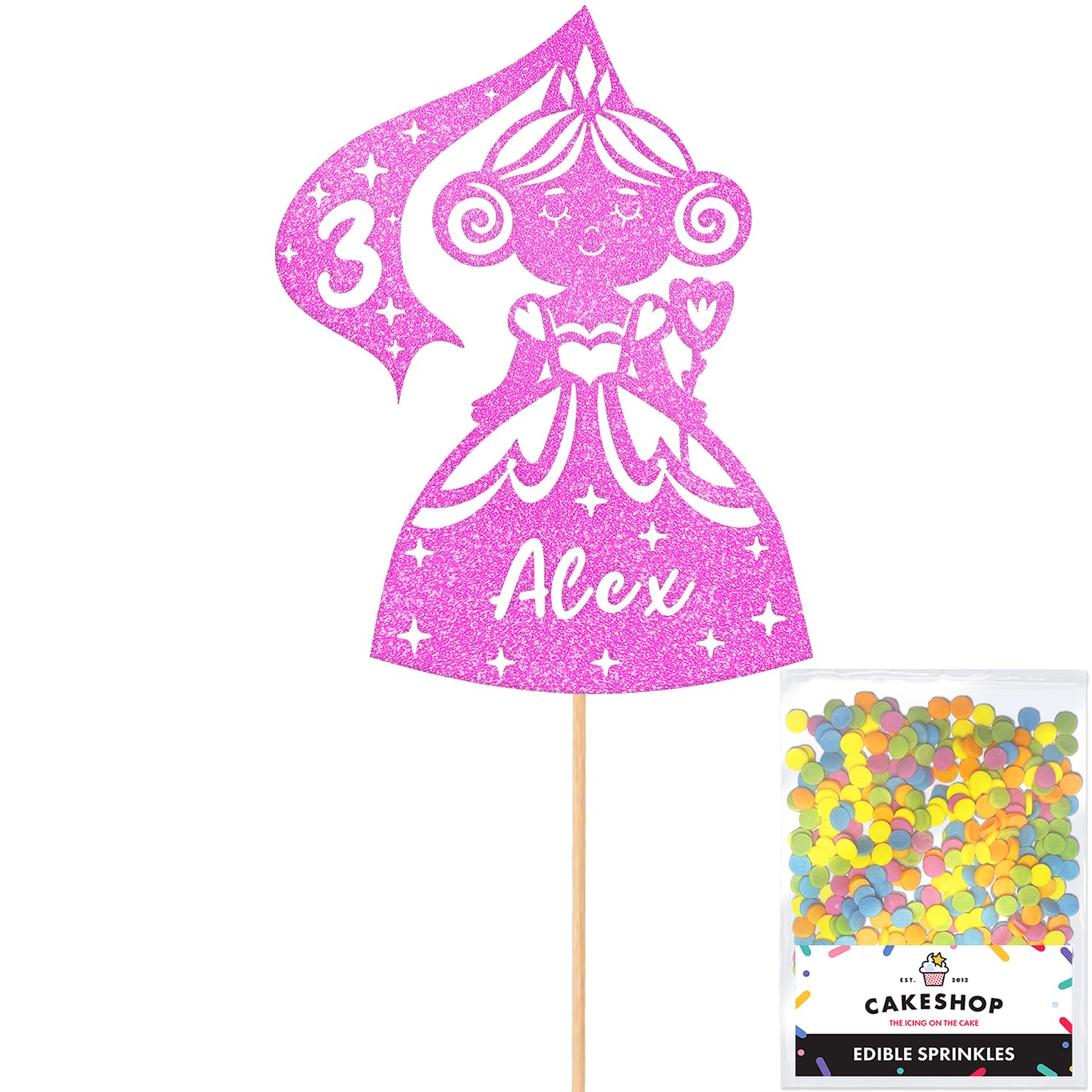 Personalised Birthday Princess Glitter Cake Topper- Light Pink Any Custom Age & Name Glitter Cake Decoration and Sprinkles - Happy Birthday Decorations - Personalised Toppers for Cakes by Cakeshop