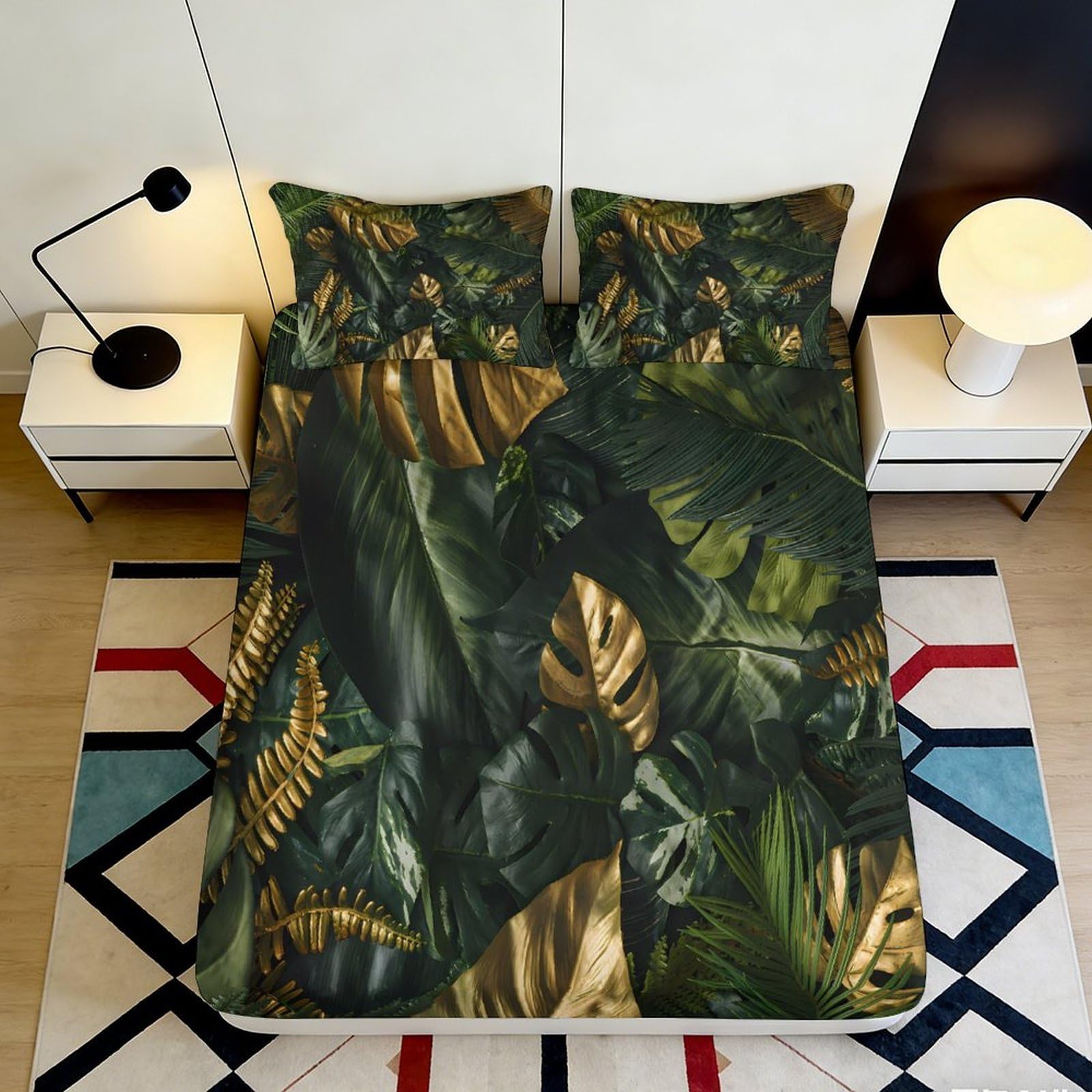 3D Printed Tropical Jungle Leaves Fitted Sheet Microfiber Anti-Slip Mattress Cover for Bedroom Guest Room Decor 120x200cm 160x200x25cm