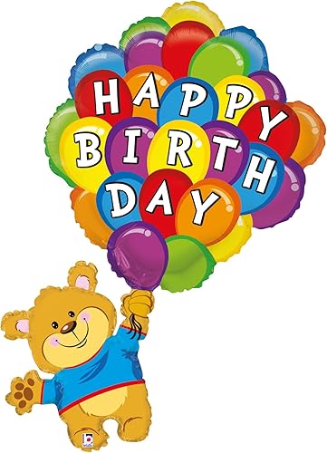 Miniatura 1 de Oso de feliz cumpleaños con ramo de globos coloridos de 42 pulgadas de Mylar