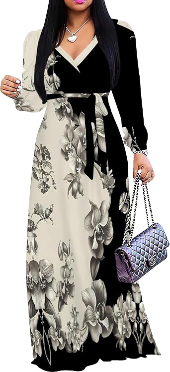 PinkPatty Plus Size Dresses for Women Long Sleeves Wrap Maxi Dress Casual Flowy Dress