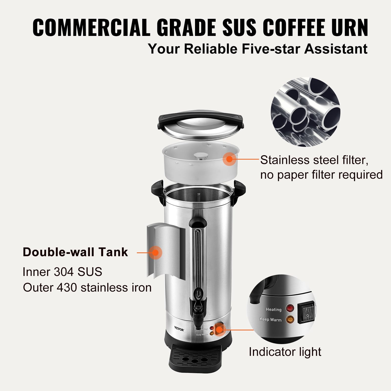 VEVOR Percolateur à Café 16,4 L 110 Tasses Distributeur de Boissons Chaudes en Acier Inoxydable Filtre Permanent Marmite à Vin Chaud 90-98 ℃ Maintenu Infusion Rapide Appareil Chauffe Eau Thé Chocolat