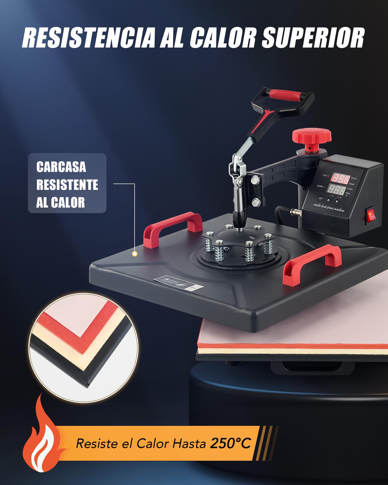CREWORKS Prensa de Calor 38x38 cm, Maquina de Sublimacion 8 en 1 con Panel de Control Digital, Prensa de Calor Multifuncional con Giro de 360° para Camisetas, Tazas, Gorras, Platos y Más
