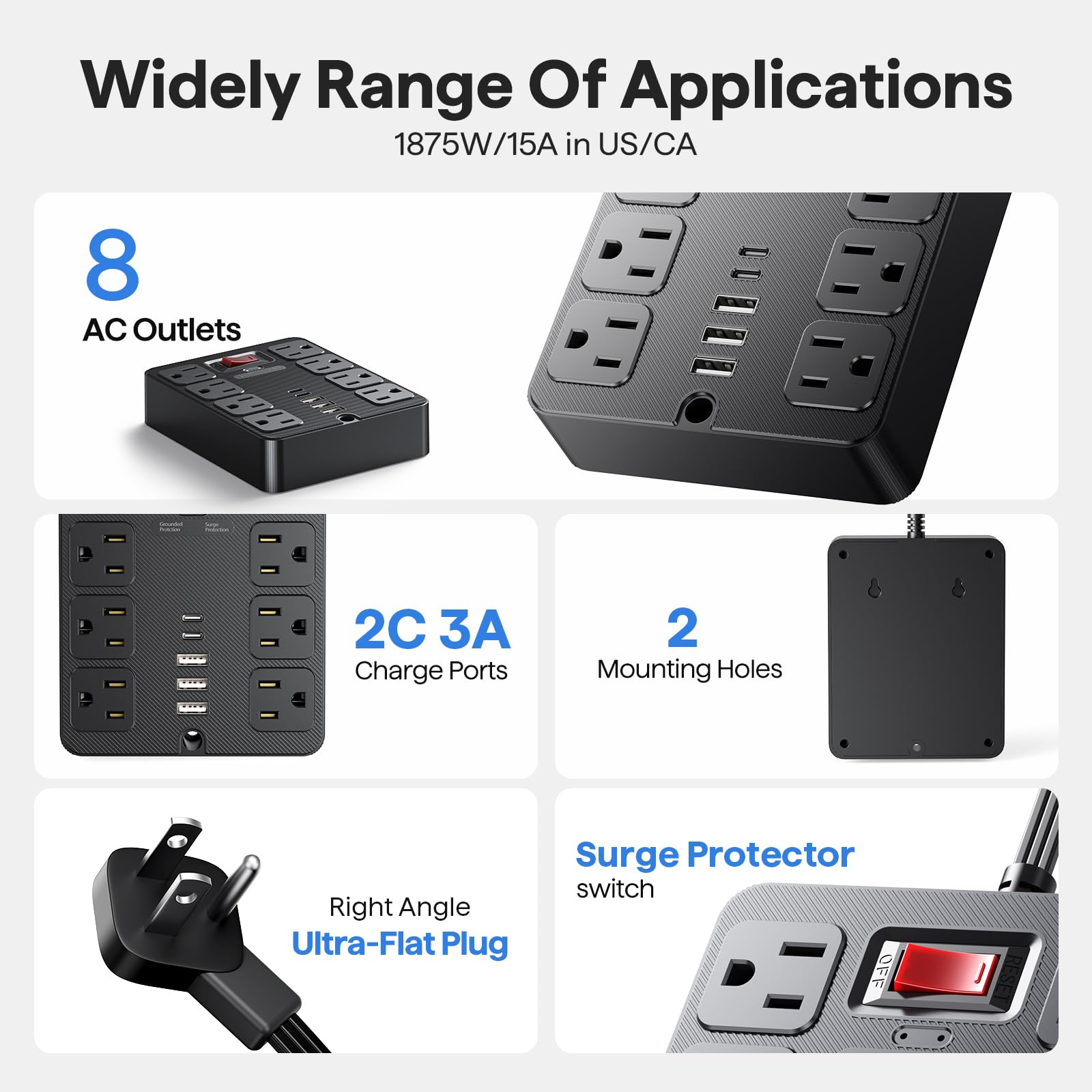 Conector plano 14 en 1 con protección contra sobretensiones, 8 enchufes de CA anchos, 4 puertos USB, 1250 W/10 A, cable de extensión de 5 pies con múltiples enchufes, extensión de computadora para