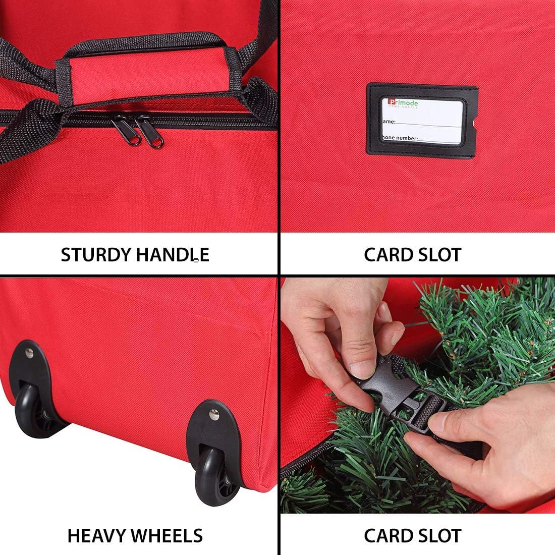 Christmas Rolling Tree Storage Bag, Fits Up to 7.5 Ft. Tall Disassembled Holiday Trees, 22" H X 16" W X 50" L, Large Heavy Duty Storage Container with 2 Wheels and Handles (Red)