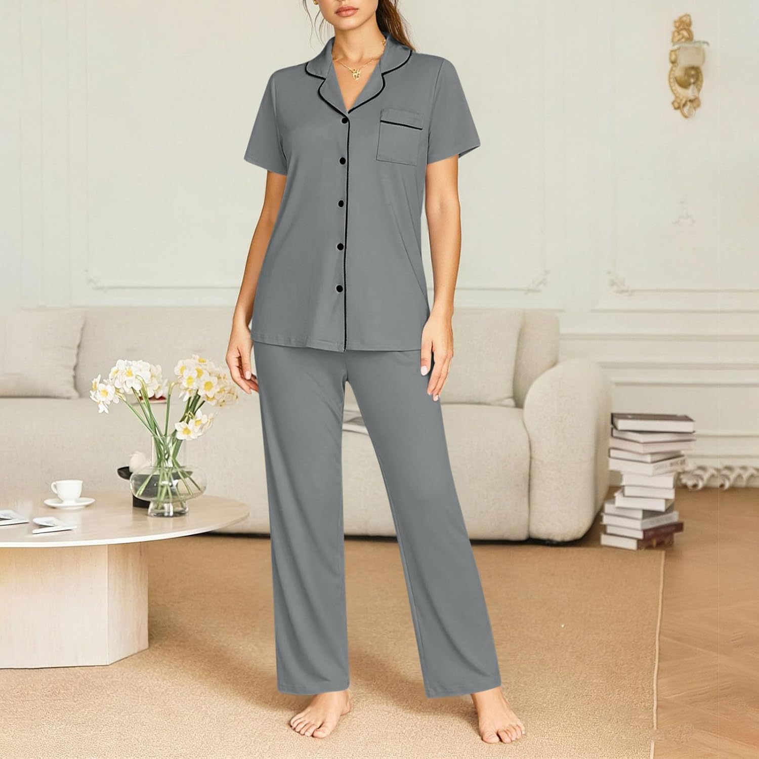Xiaojmake Women Pajama Sets Long Sleeve Shirt and Pajama Pants 2 Piece Ladies Soft Sleepwear Button Down Pjs Set with Pockets