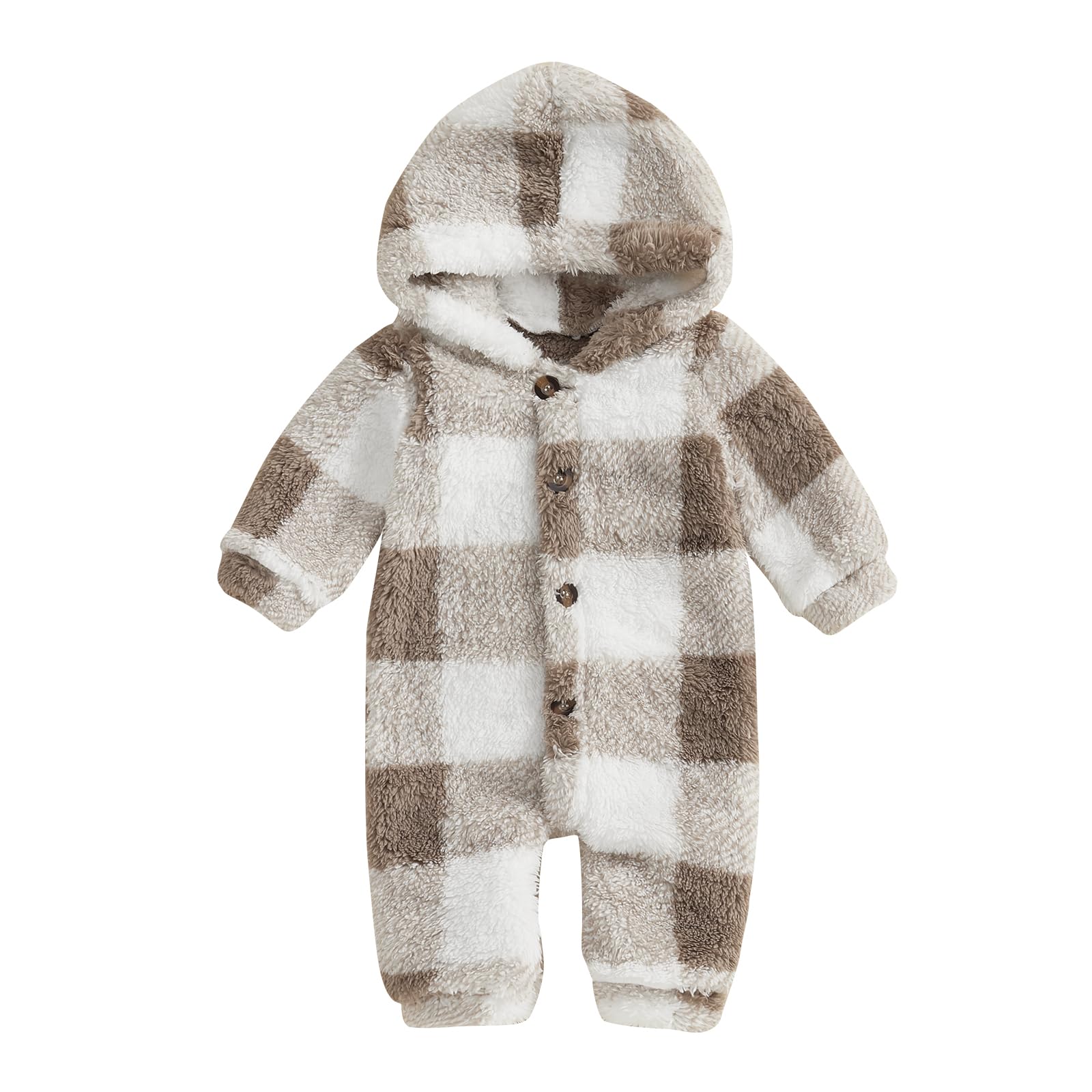 baorji Newborn Baby Boy Girl Winter Clothes Fleece Long Sleeve Hooded Romper Plaid Bodysuit Button Coat Infant Snowsuit (Khaki, 0-3 Months)