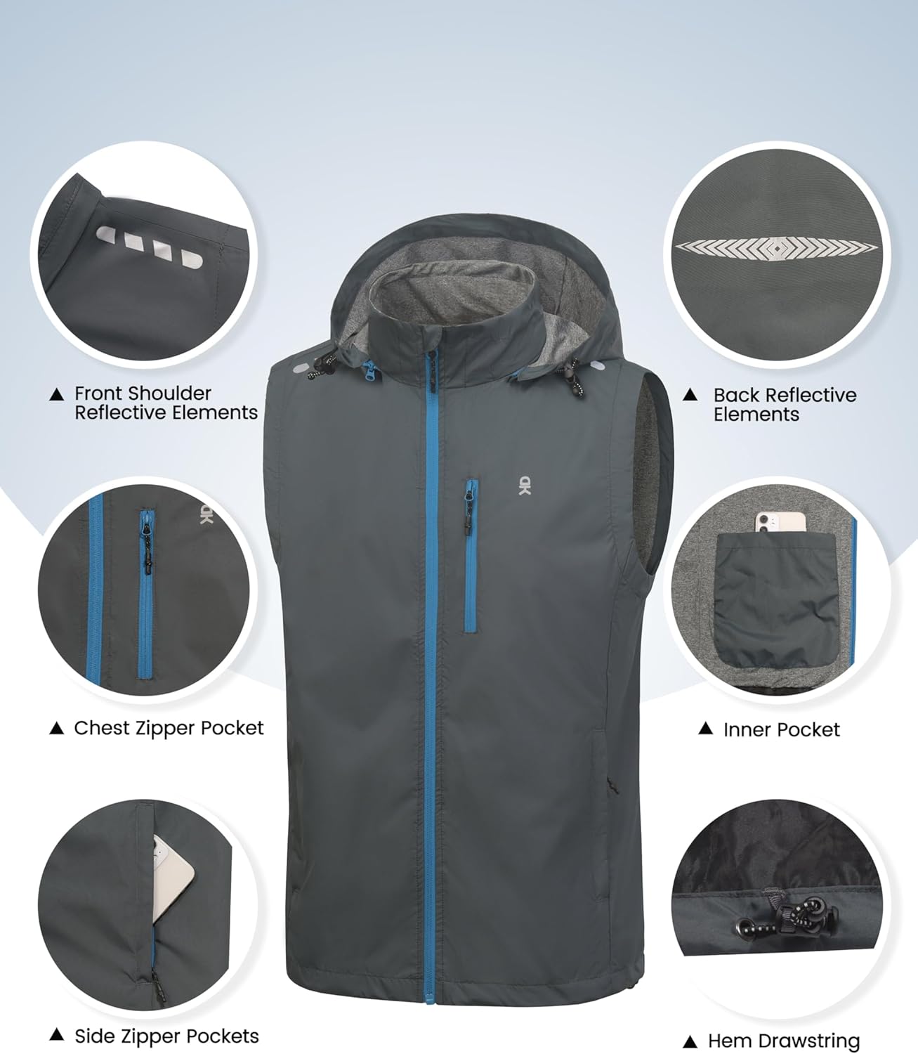 Little Donkey Andy Men's Lightweight Softshell Vest Detachable Hood Windproof Golf Sleeveless Jacket for Hiking Running - Image 5