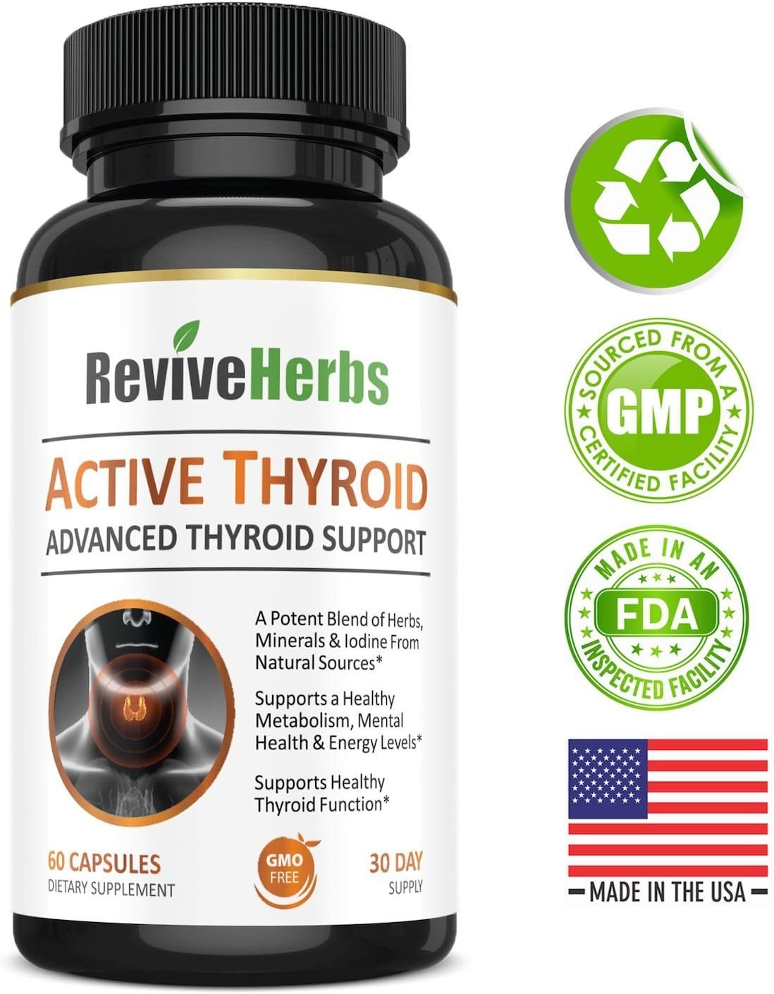 Revive Herbs Premium Thyroid Support with Ashwagandha, Iodine, Selenium, Magnesium, Zinc, Kelp, B12 & More for Hypothyroidism, Weight Loss, Increased Energy & Metabolism