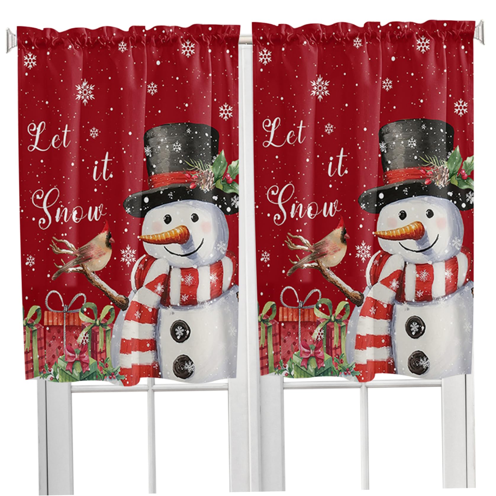 Cortinas de Cocina de Navidad, 2 Piezas/Set 27.5x36 Pulgadas Cortinas de Navidad de patrón de muñeco de Nieve para Cocina, Cortinas de Ducha de Navidad Semi Shading, Cortina de Ventana Corta (Rojo)