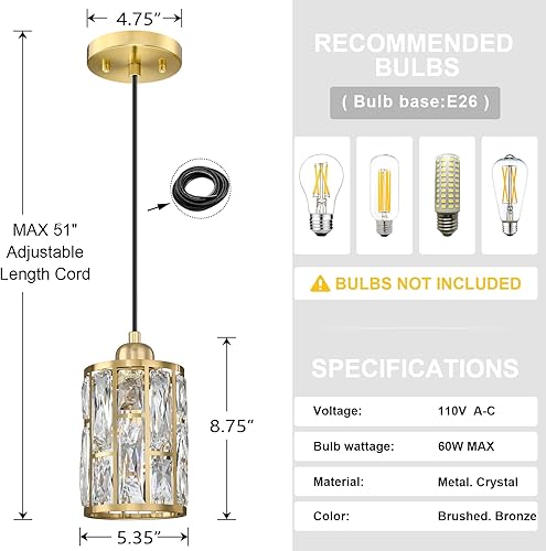 Miniatura 9 de Paquete de 2 colgantes de isla de cocina con pantalla de cristal de 5.4 pulgadas, acabado dorado, moderno colgante con pantalla de metal de cristal
