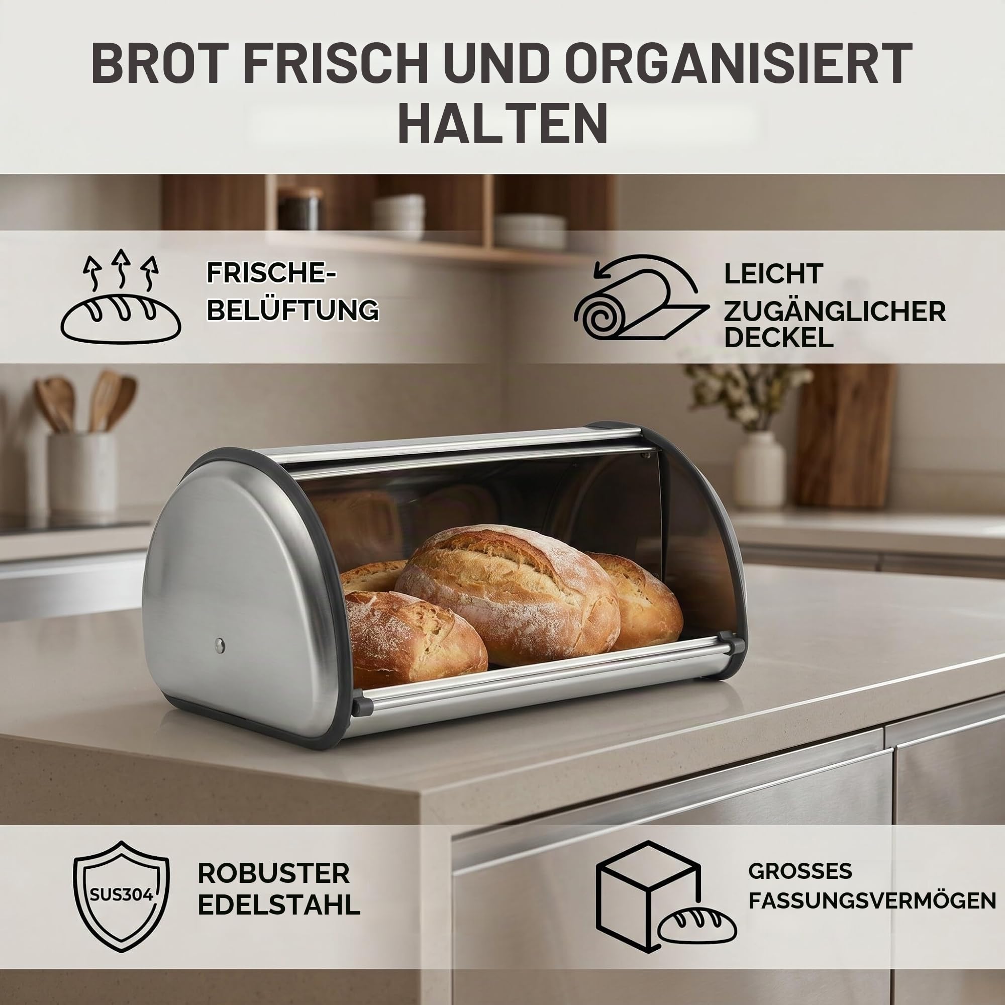 Brotkasten, Edelstahl Brotbox mit frontklappe Brotbeh?lter Rollbrotkasten Brotkastenhalterung Brotaufbewahrungsbeh?lters f¨¹r Kuchenbr?tchen Toasts Laibchen Geb?ck Pfannkuchen