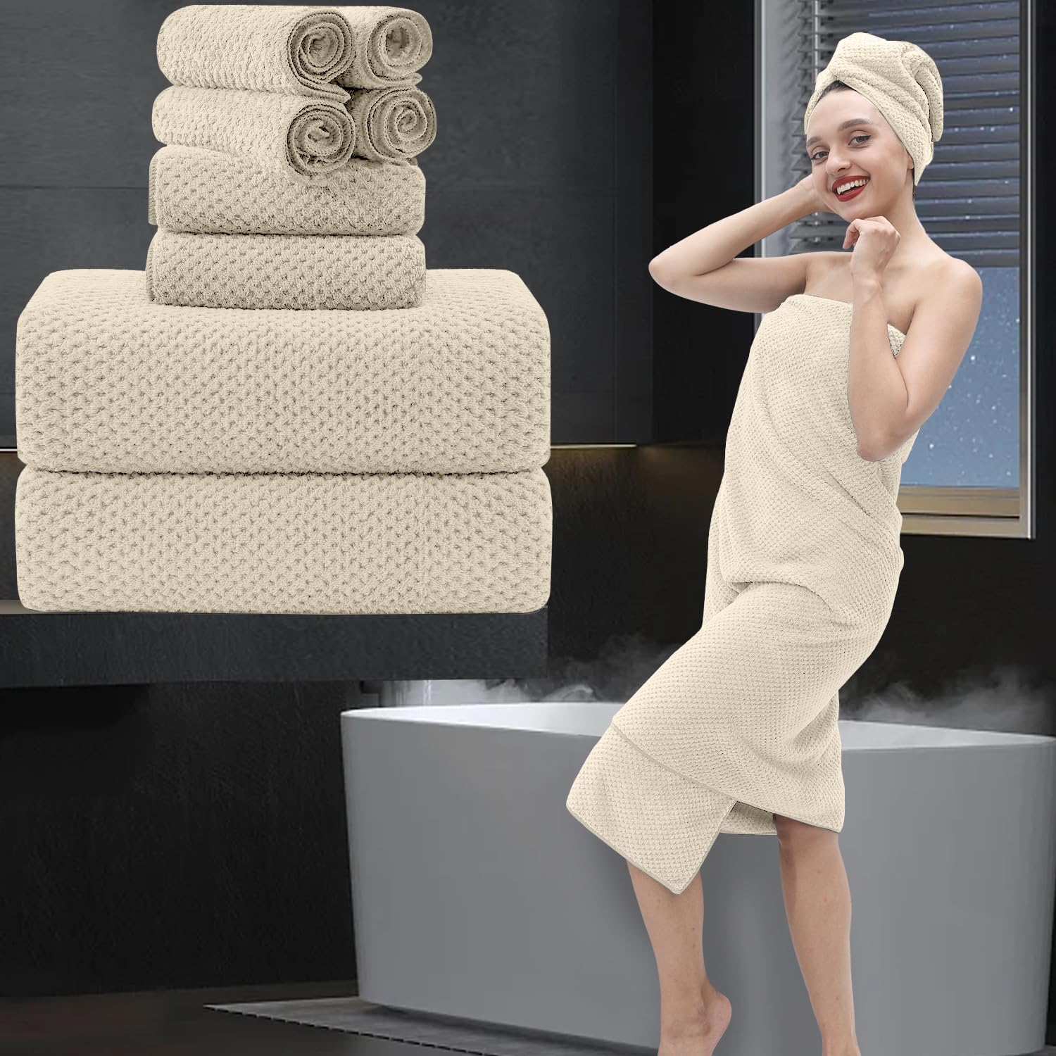 8 Piece Bathroom Towel Set |2 Oversized Bath Towels,2 Hand Towels,4 Washcloths| 600GSM Soft Large Bath Sheet Luxury Premium Microfibers Towel Highly Absorbent Quick Dry Hotel Towel Collection,Beige — image 1