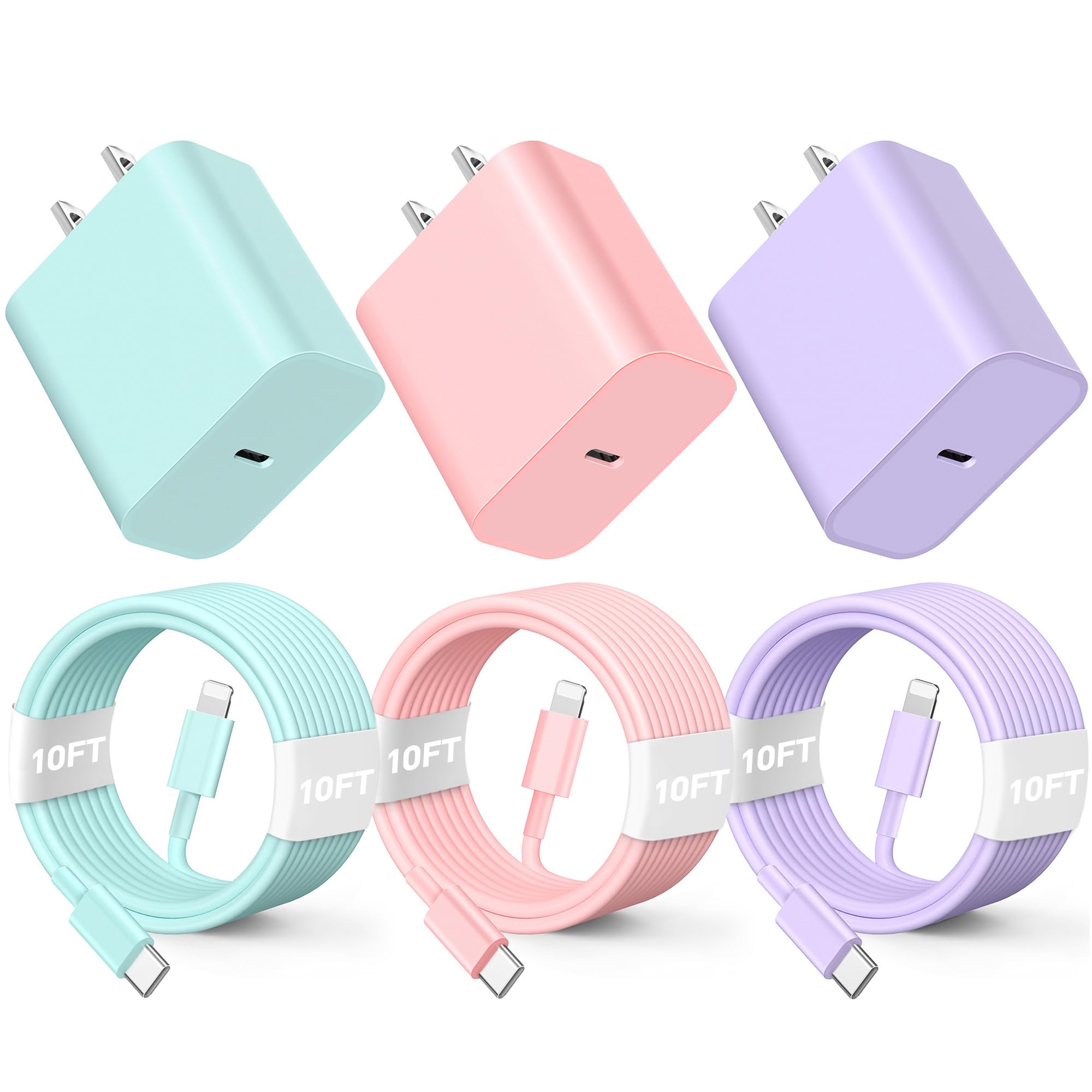 BUSFUL for Phone Charger Fast Charging, [3Pack 10FT] 20W PD USB C Wall Charger Block with Type C to Lighting Cable Compatible with Phone 14/13/12 Pro Max/11/XS/XR/X/8/Plus