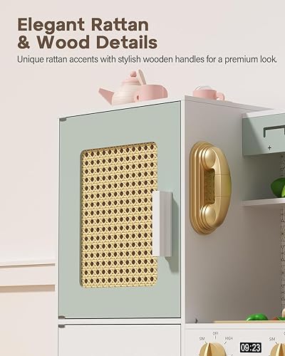 Miniatura 4 de Babytronic Juego de cocina de madera para niños, cocina de juego de simulación rosa con luces y sonidos, juguete de cocina de estilo retro para