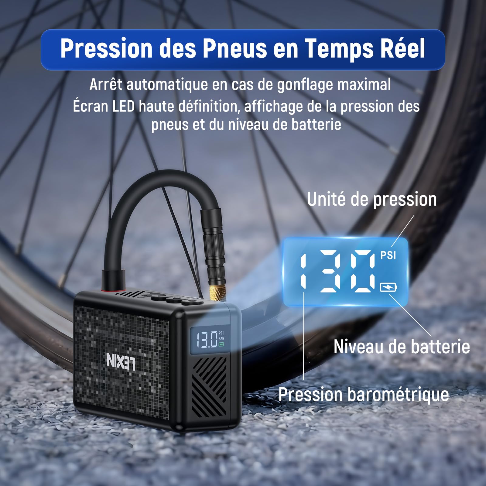 LEXIN P2 Mini Pompe à Vélo, Compresseur d'air Portatif 130PSI, Gonfleur Électrique de Pneus sans Fil avec l'Écran LCD, Portable, Légère， Puissance 700mAh, Pompe de Pneu pour Vélo/Moto/Balle/Scooter