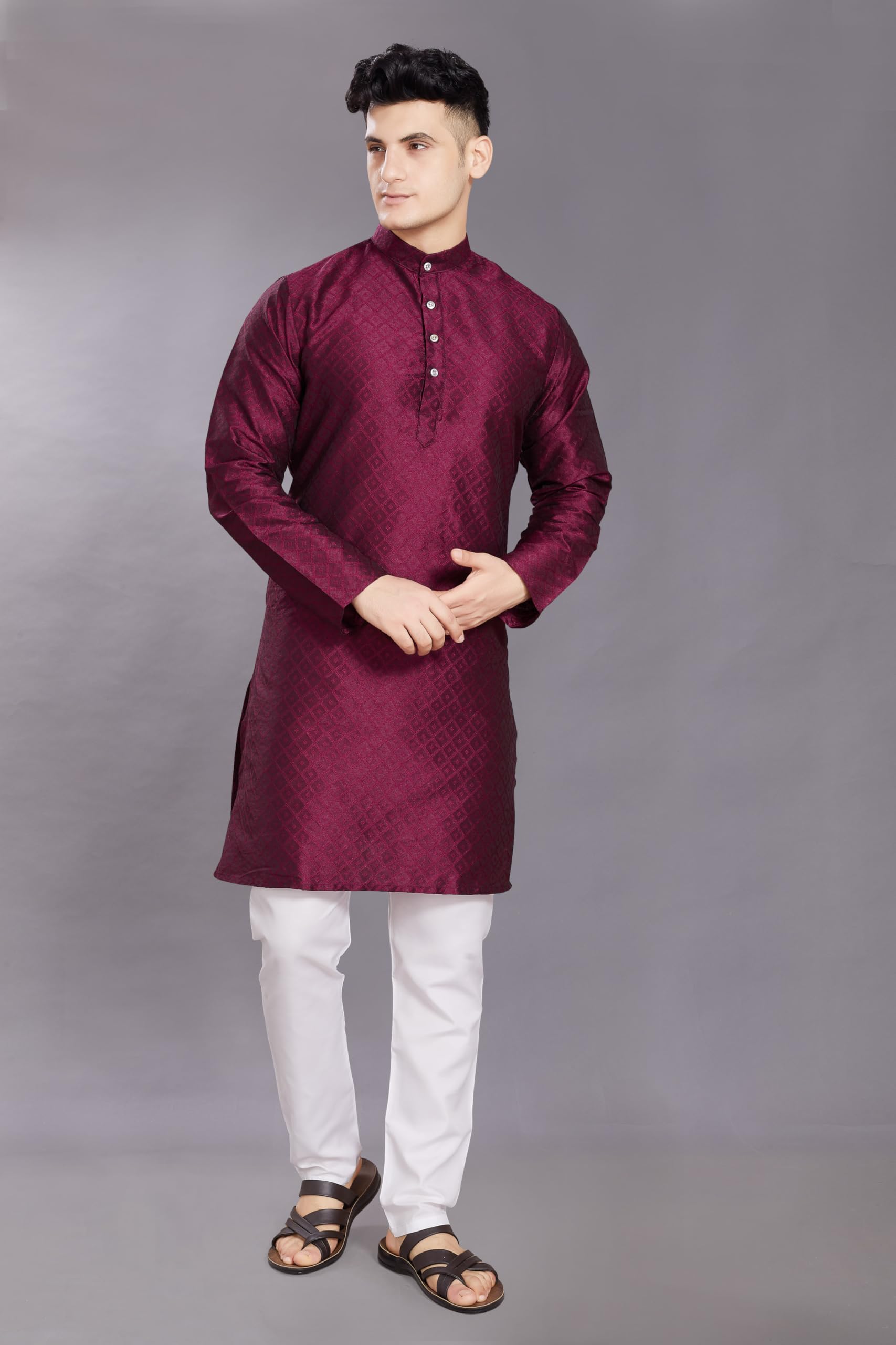 Divisive Men's Self Woven Jequard Art Silk Slim Fit Only Kurta (Dkrt410_M_Wine)