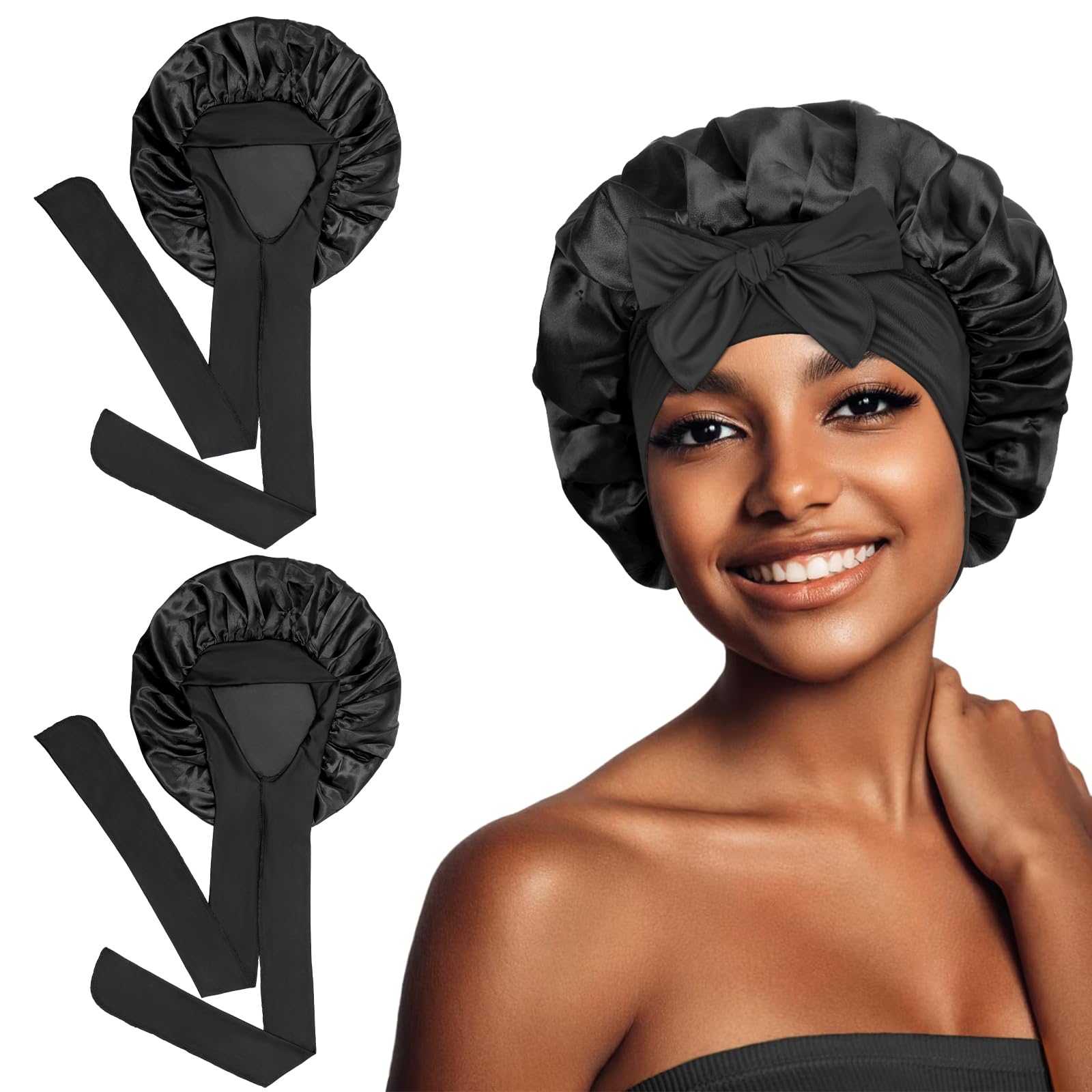 Euqvunn 2Pcs Hair Bonnet for Sleeping Satin Hair Bonnet with 6.2×63cm Widen Tie Band, Sleep Bonnet