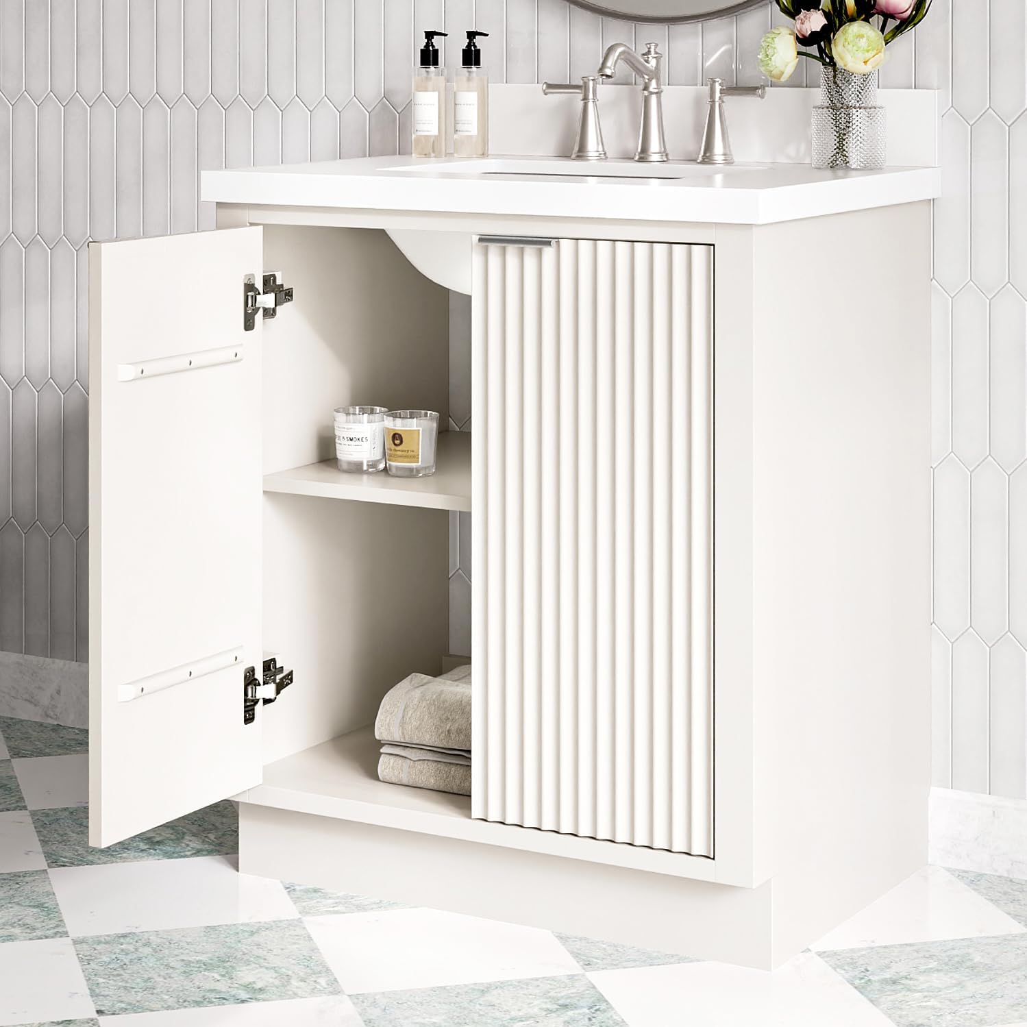 ARIEL Milan 30-inch Bathroom Vanity with Sink,Solid Wood, 1.5-inch Pure White Quartz Countertop & Backsplash, Single Oval Porcelain Sink, 2 Soft Closing Doors, Brushed Nickel, Warm White
