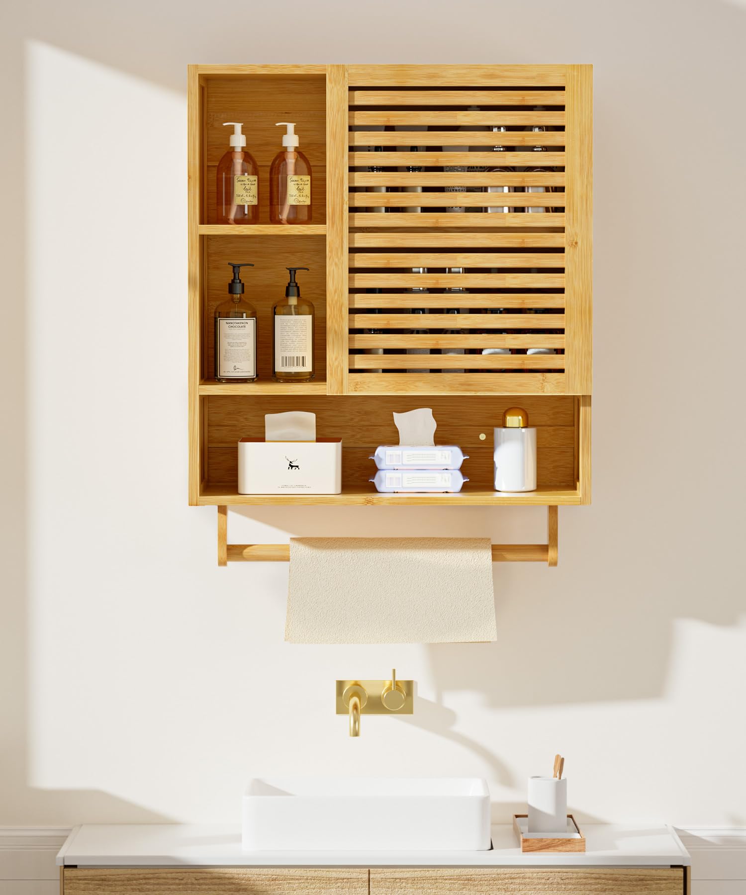 Yorbay Meuble Haut Salle de Bain, Meuble Mural en Bambou avec Porte-Serviettes et Compartiment Ouvert, Armoire Pharmacie à Une Porte pour Salle de Bain et Cuisine, 20 x 56 x 70 cm (Couleur Bambou)